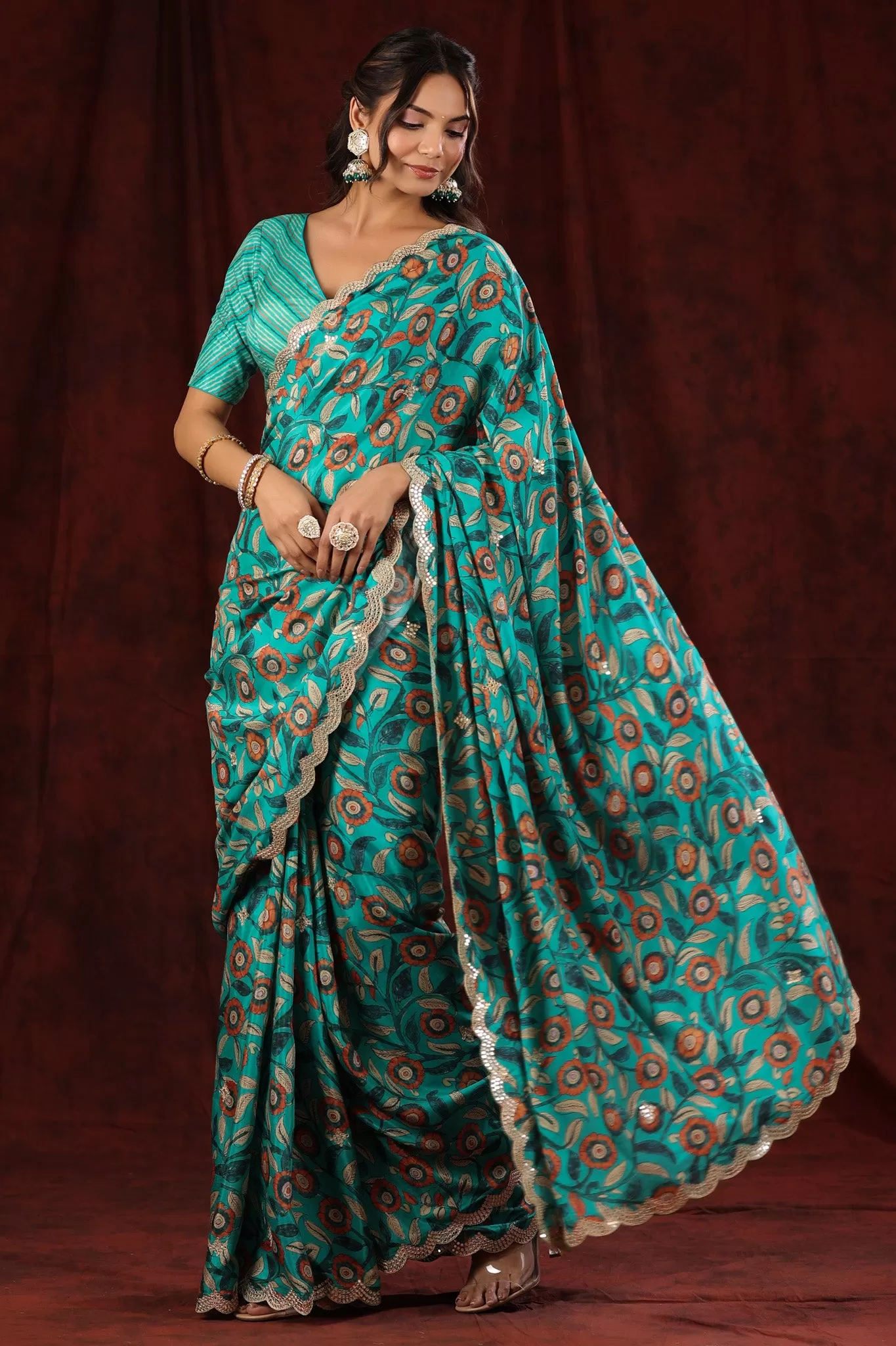 90Z700-NRO Sea Green Floral Crepe Georgette Saree