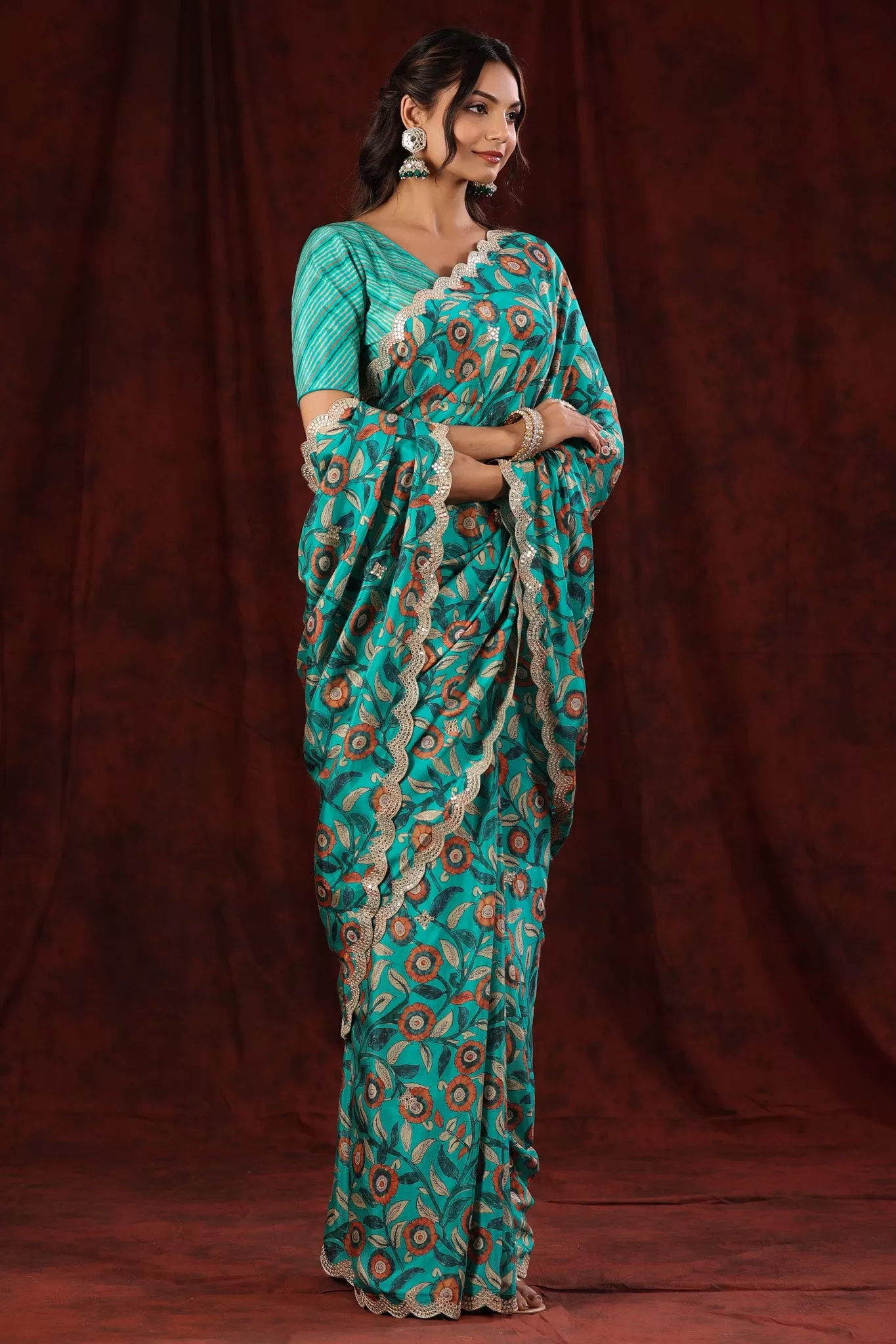 90Z700-NRO Sea Green Floral Crepe Georgette Saree