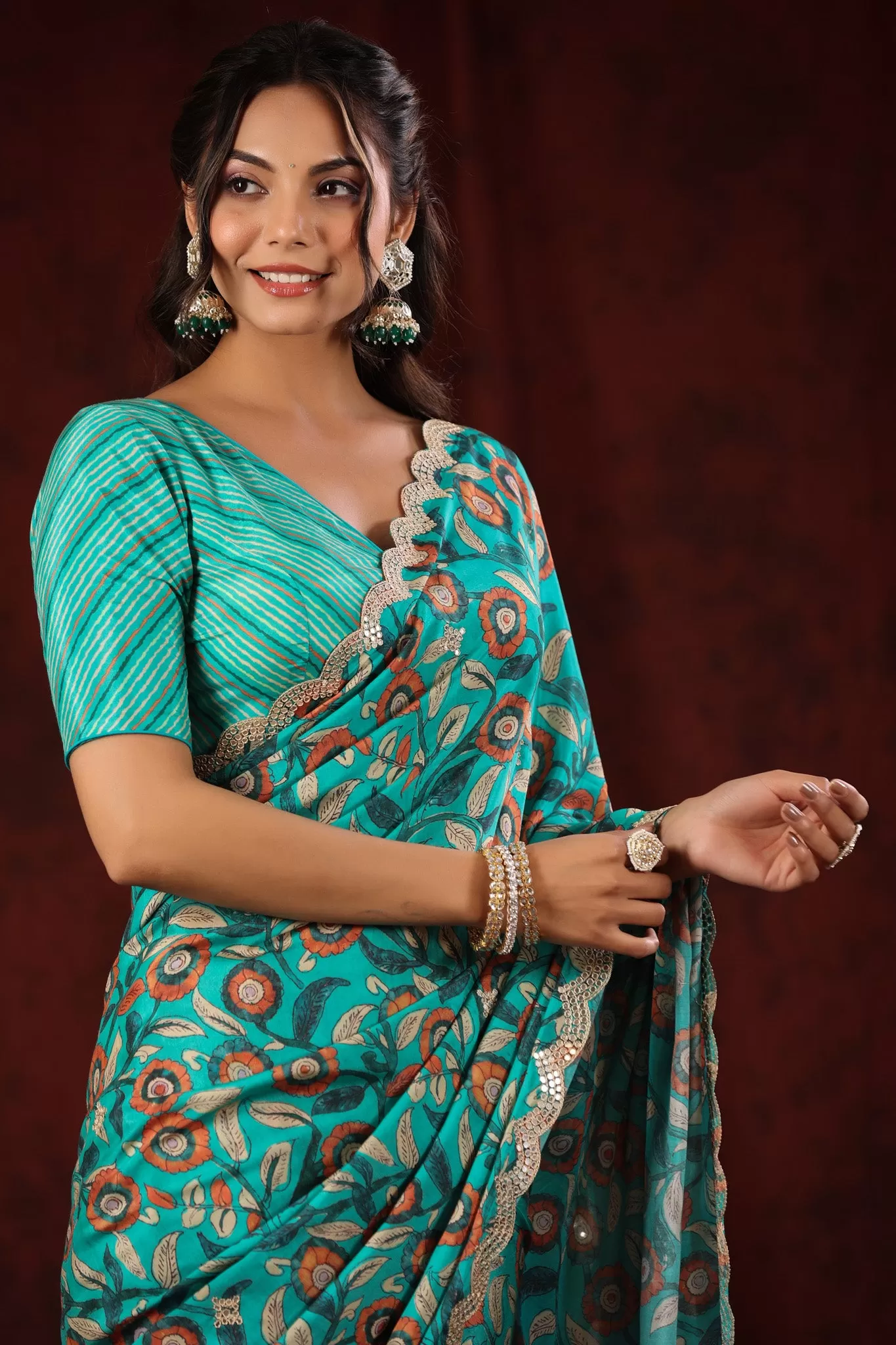 90Z700-NRO Sea Green Floral Crepe Georgette Saree