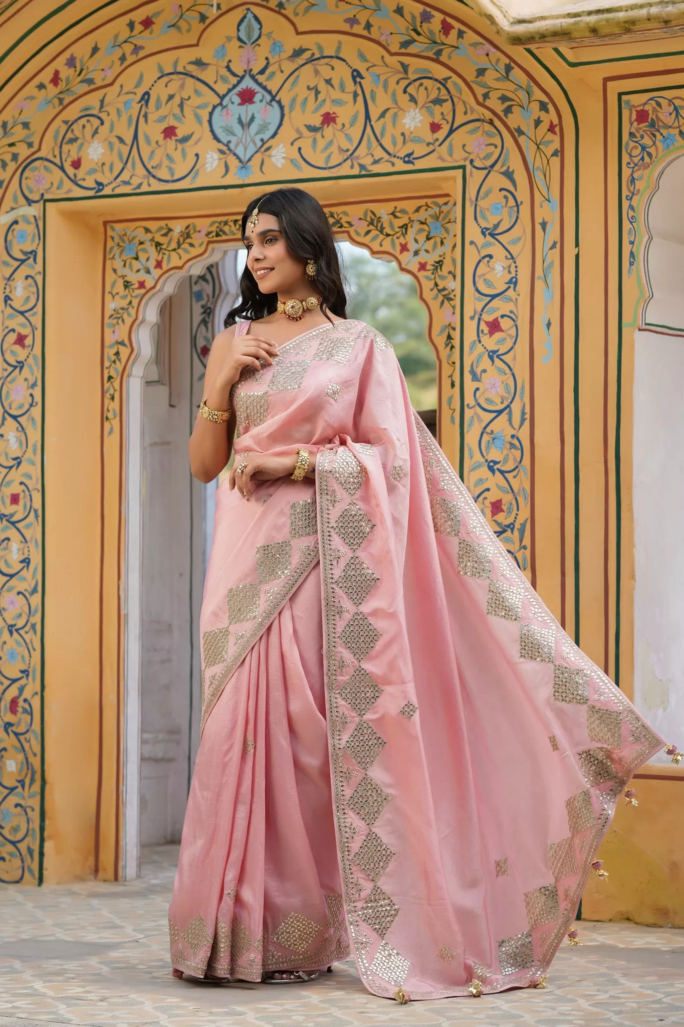 90Z769-RO Baby Pink Embroidered Tussar Georgette Sari