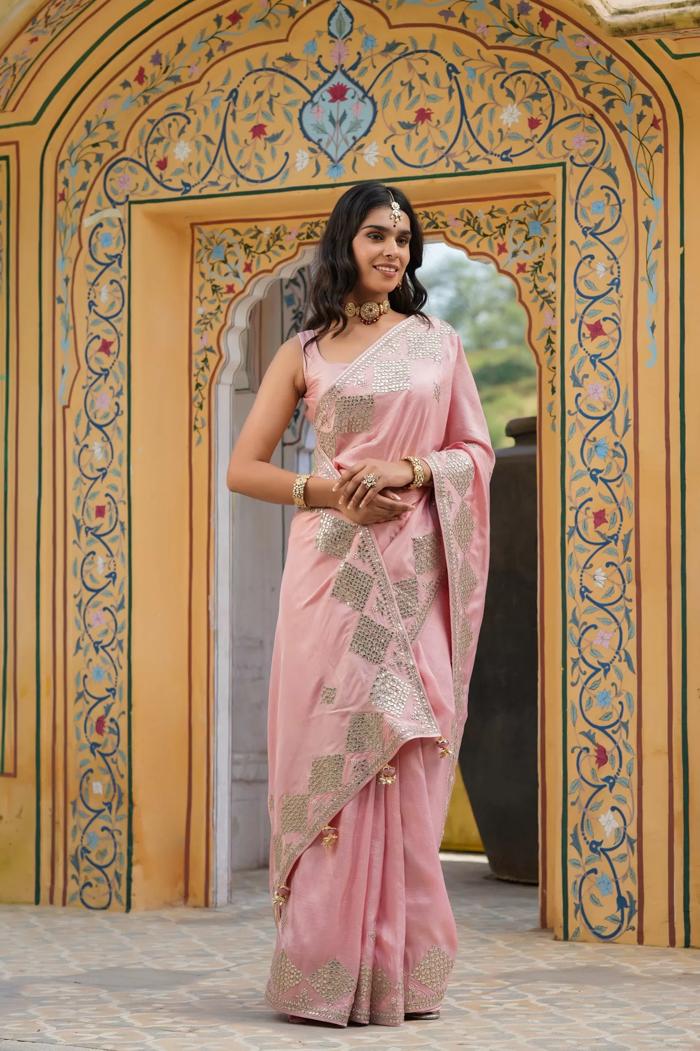 90Z769-RO Baby Pink Embroidered Tussar Georgette Sari