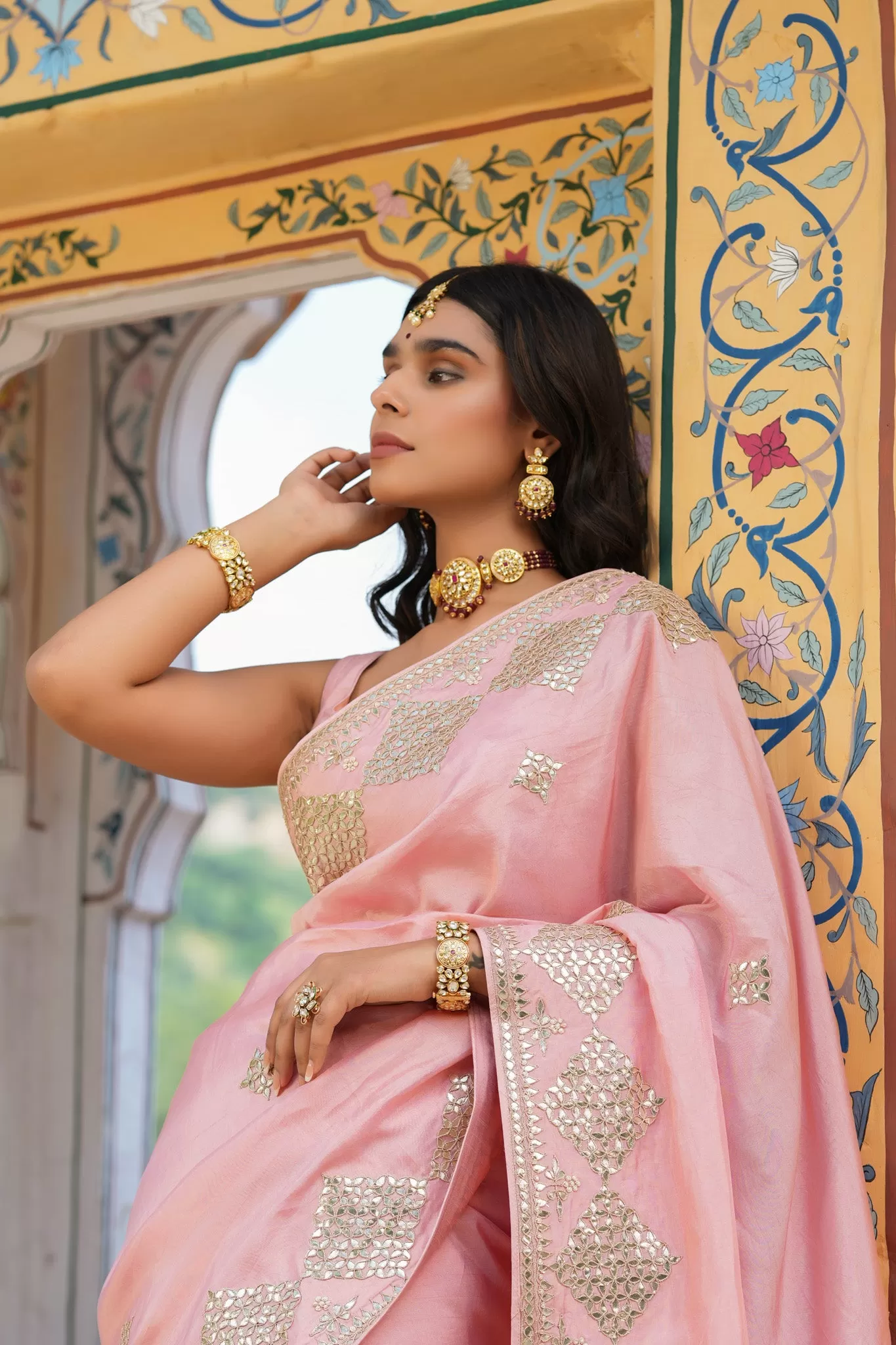 90Z769-RO Baby Pink Embroidered Tussar Georgette Sari