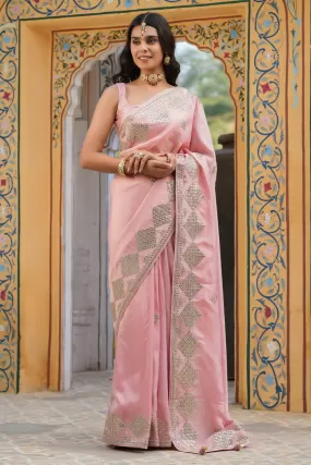 90Z769-RO Baby Pink Embroidered Tussar Georgette Sari