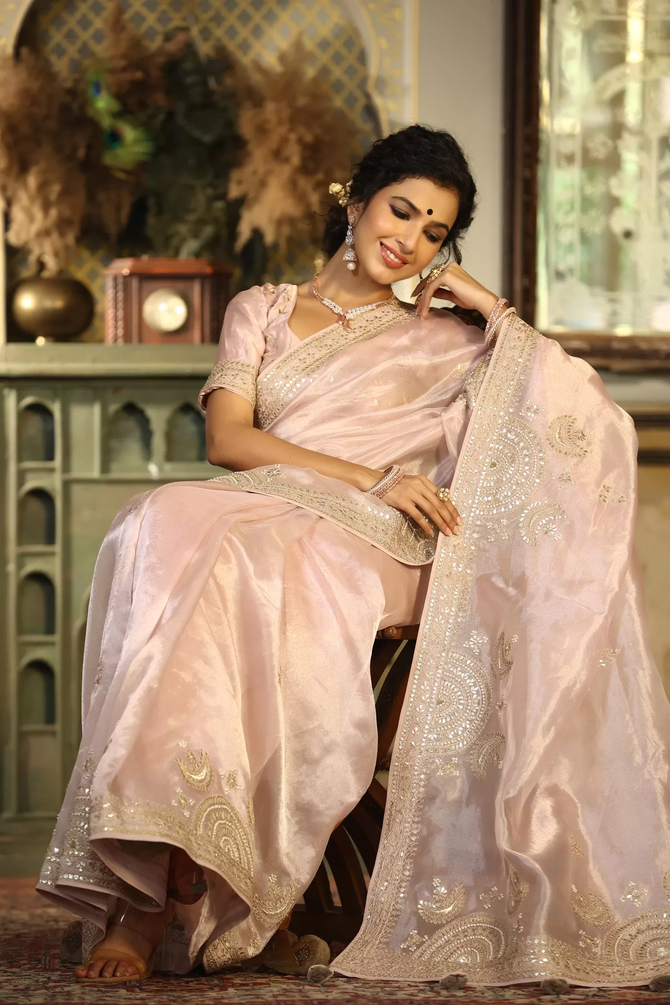 90Z771-RO Cream Embroidered Tissue Silk Sari with Blouse