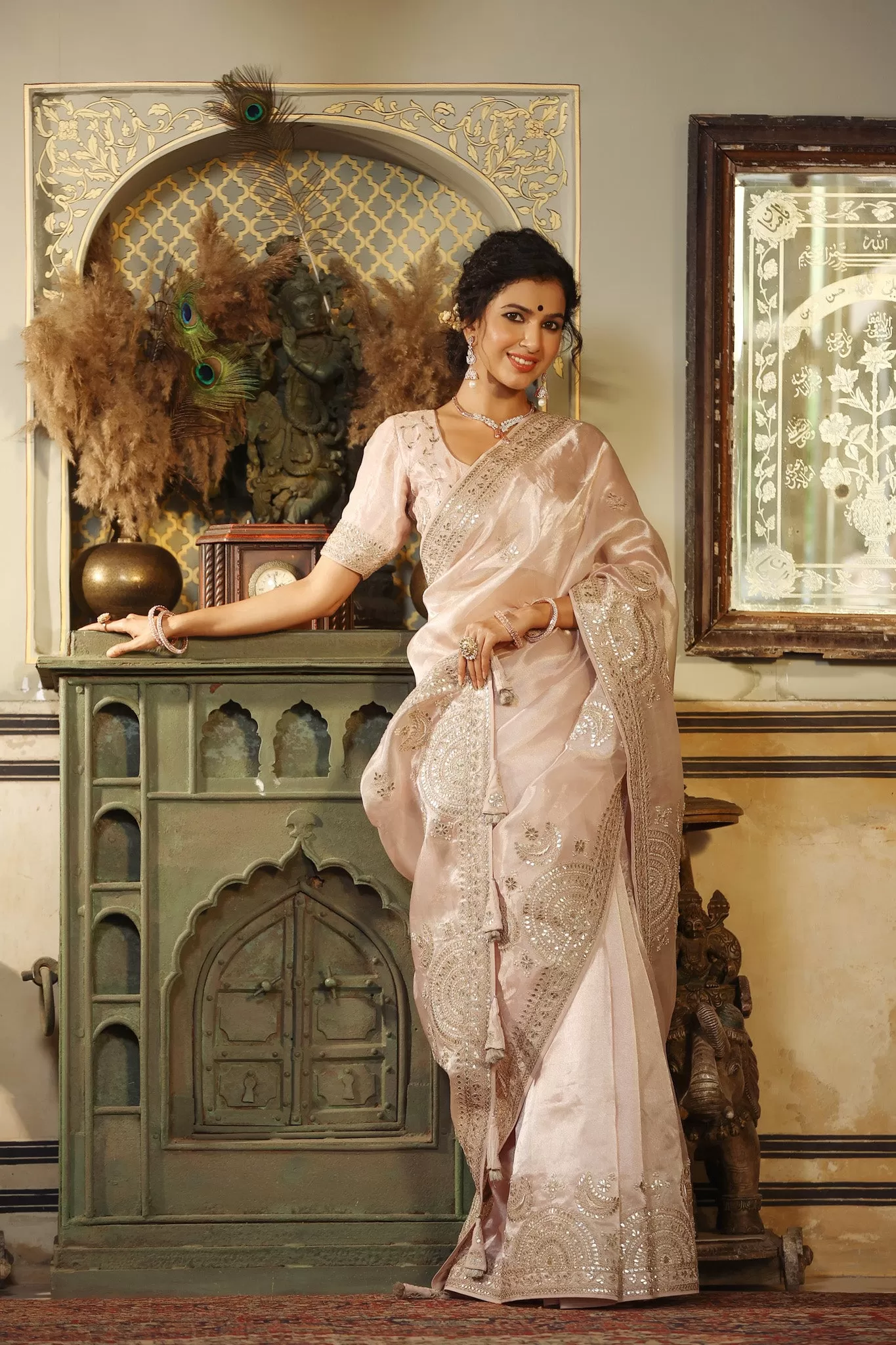 90Z771-RO Cream Embroidered Tissue Silk Sari with Blouse