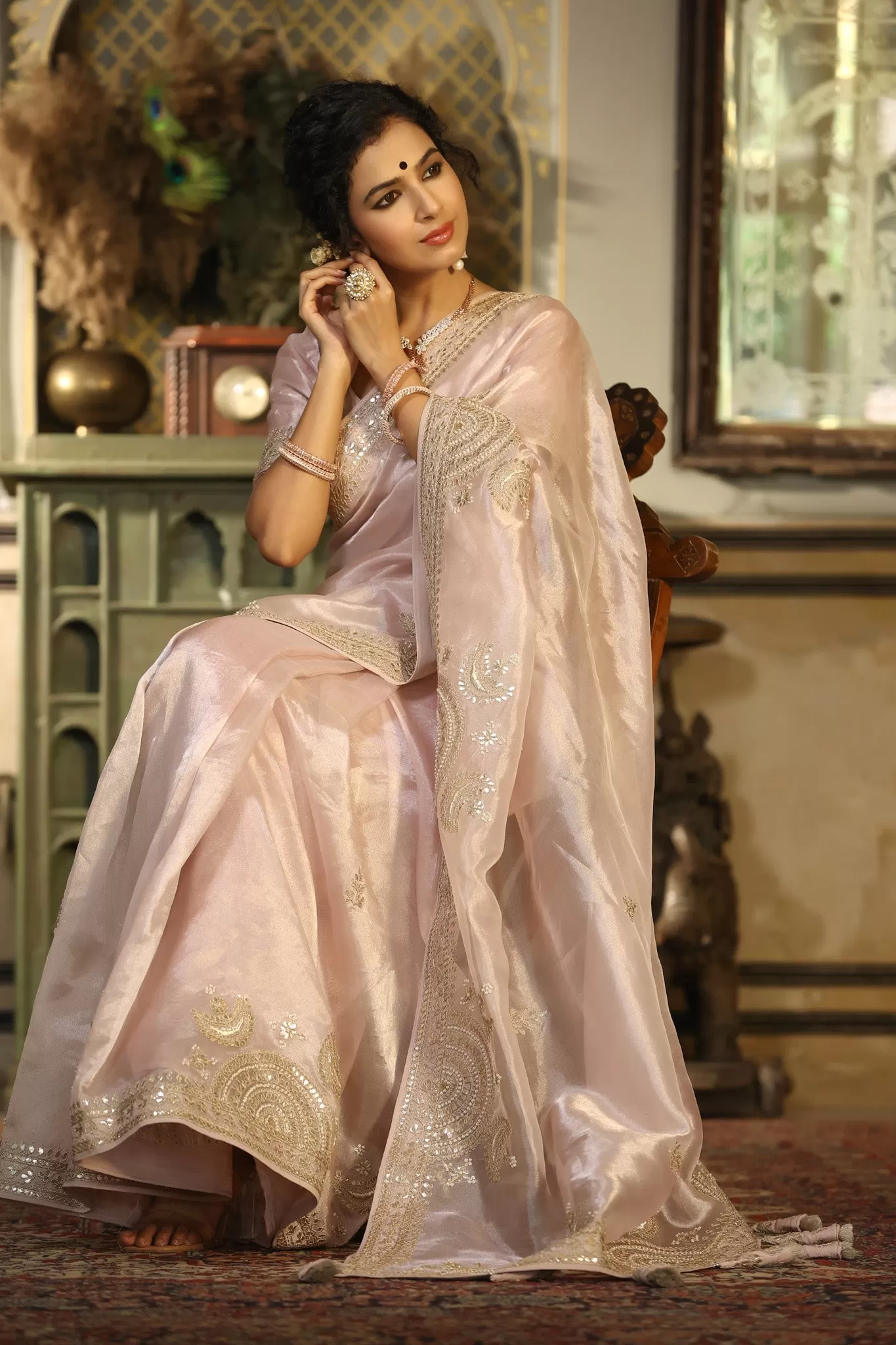 90Z771-RO Cream Embroidered Tissue Silk Sari with Blouse