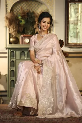 90Z771-RO Cream Embroidered Tissue Silk Sari with Blouse