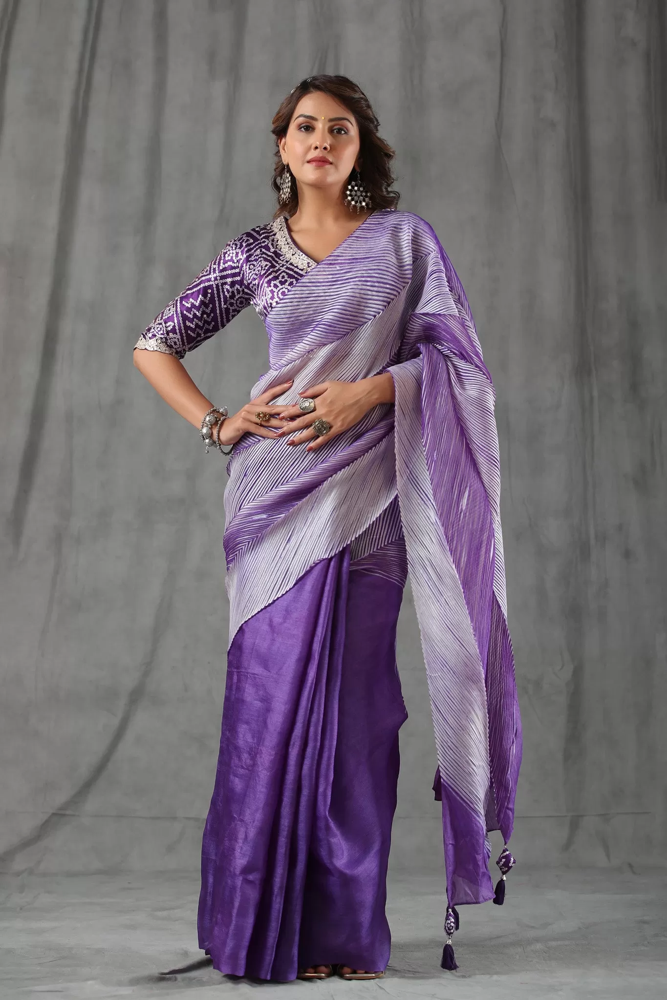 90Z808-RO Lavender Striped Tussar Silk Saree with Bandhej Blouse