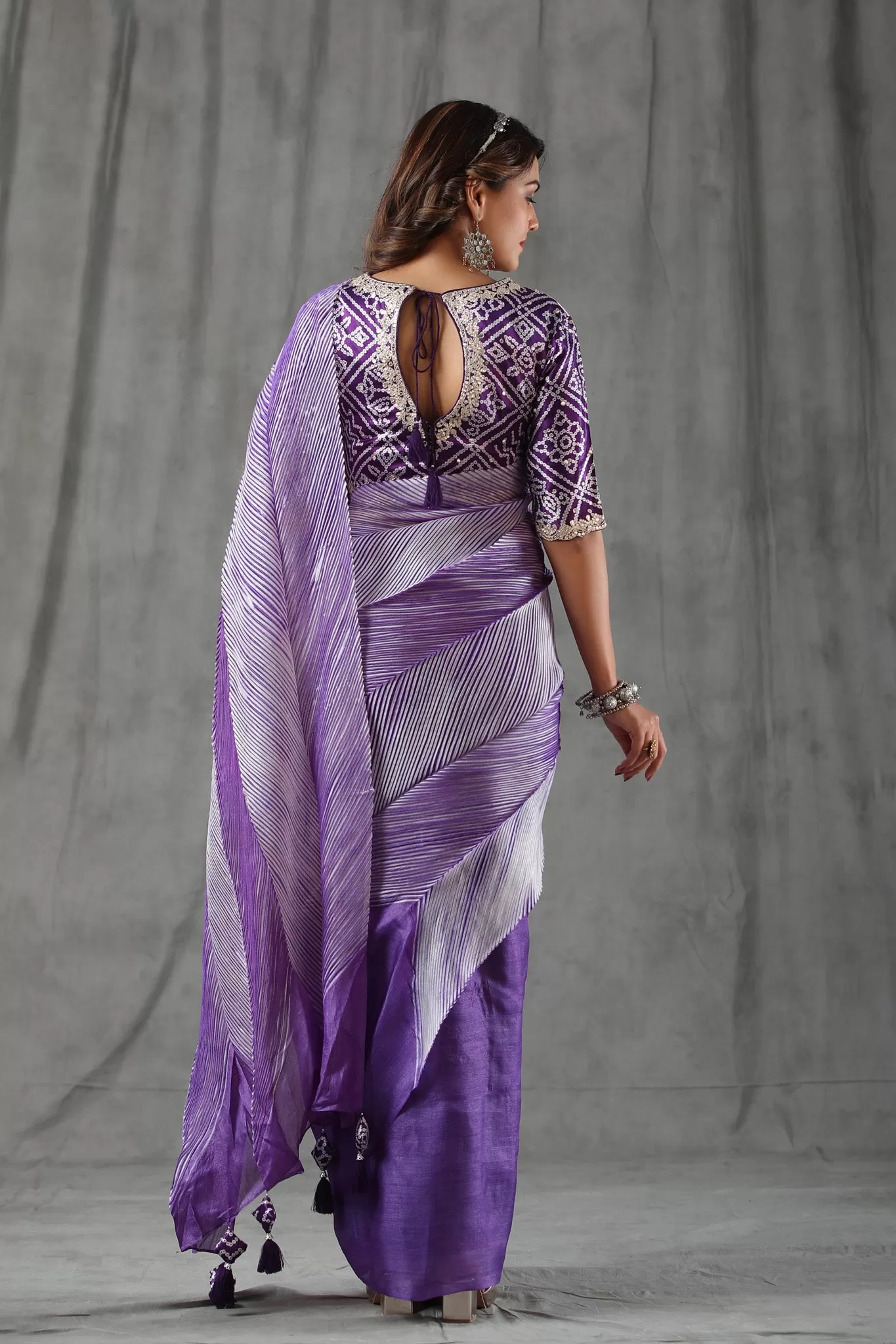 90Z808-RO Lavender Striped Tussar Silk Saree with Bandhej Blouse