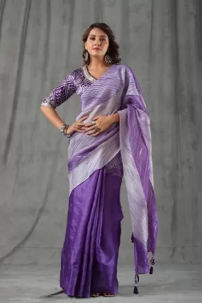 90Z808-RO Lavender Striped Tussar Silk Saree with Bandhej Blouse