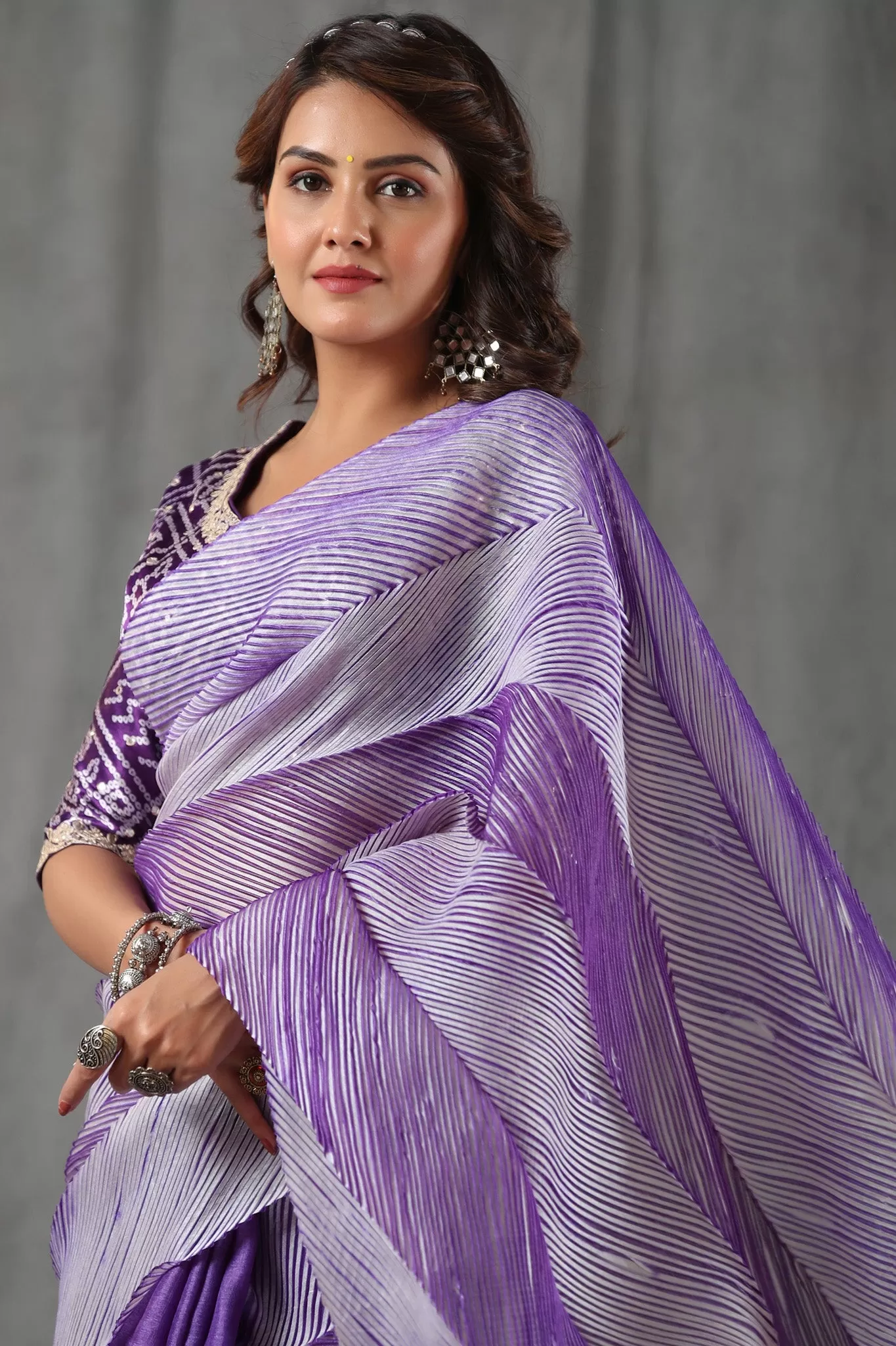 90Z808-RO Lavender Striped Tussar Silk Saree with Bandhej Blouse