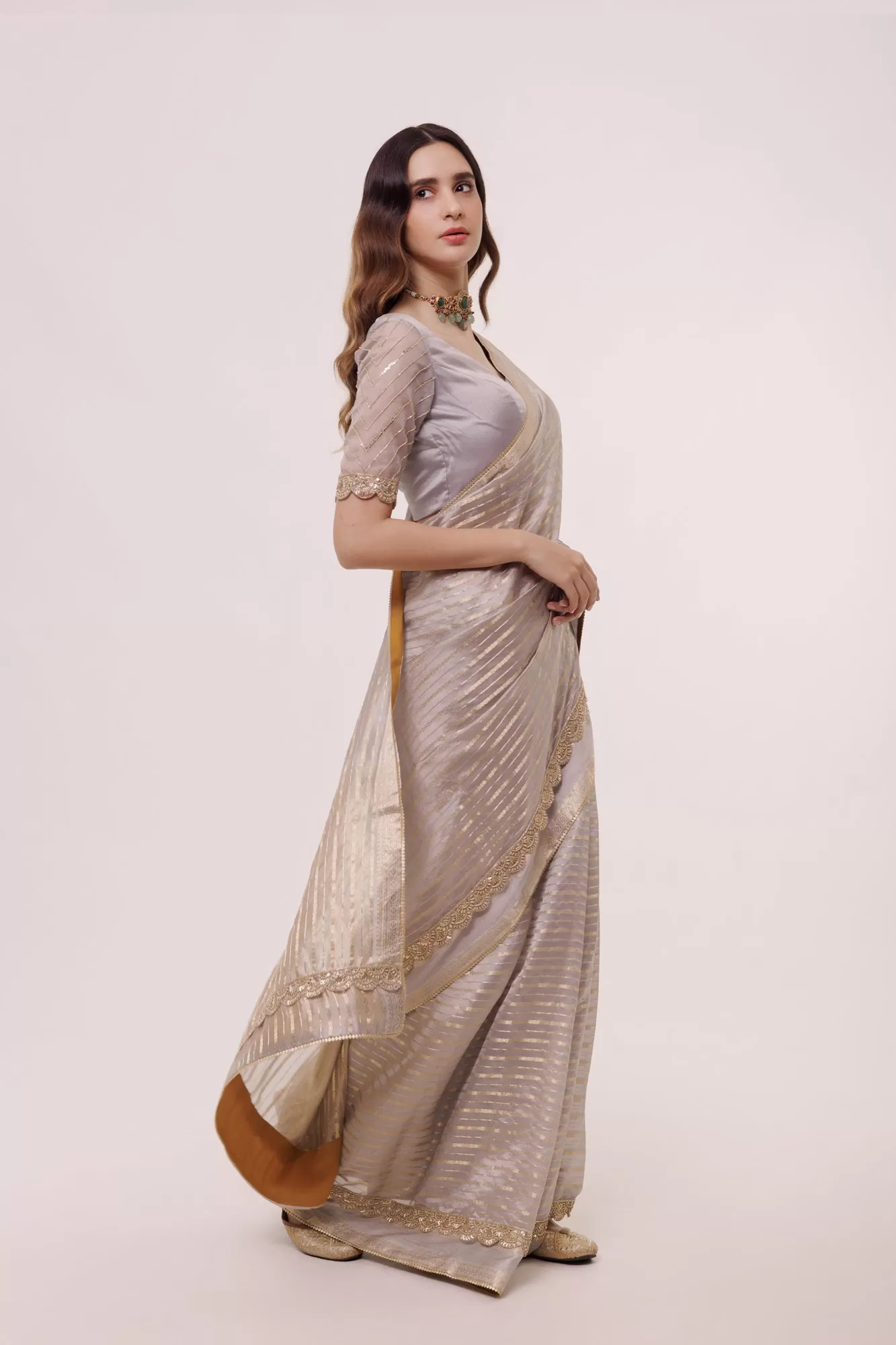 90Z862-RO Grey Organza Saree with Embroidery