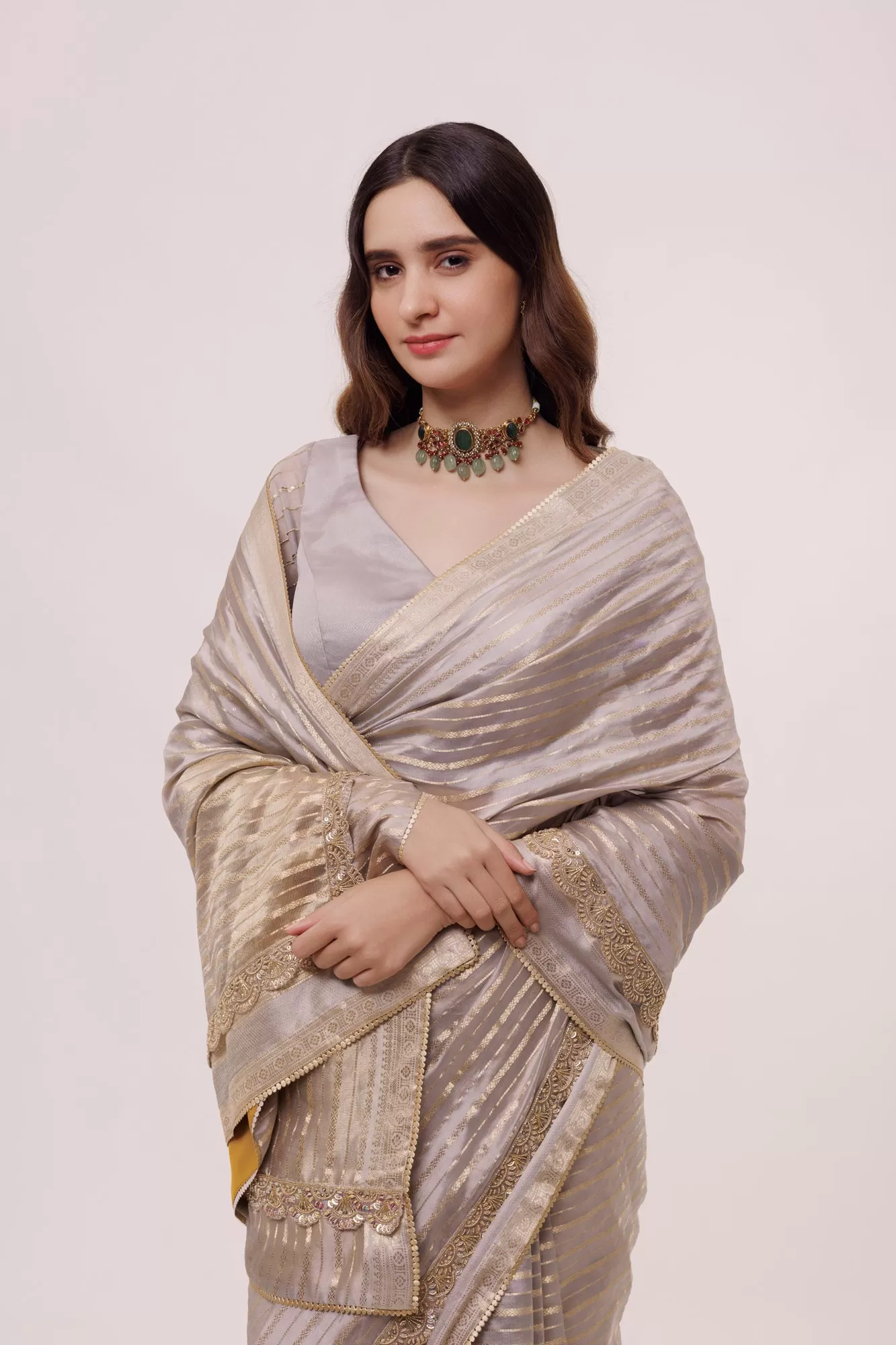 90Z862-RO Grey Organza Saree with Embroidery