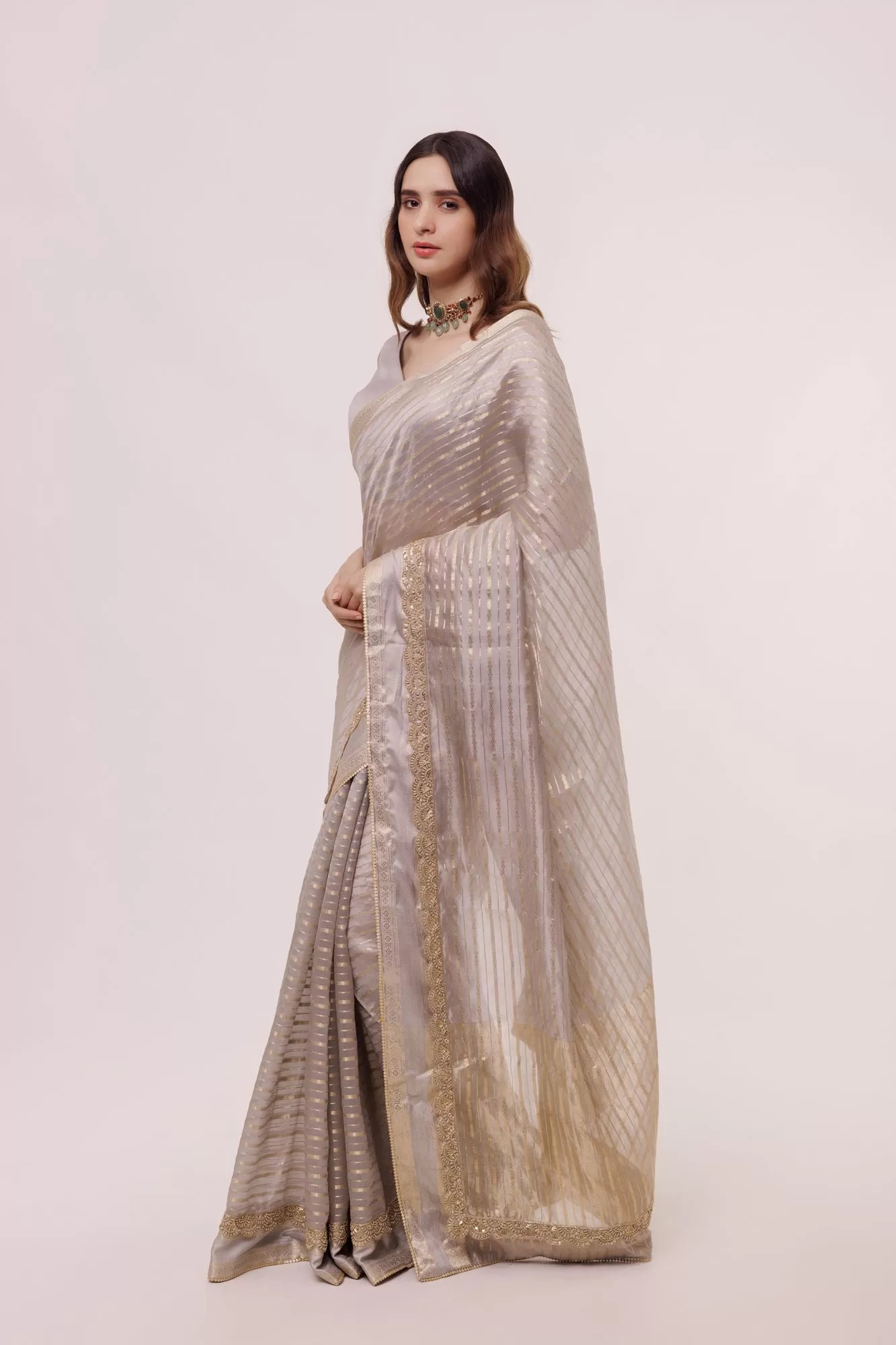 90Z862-RO Grey Organza Saree with Embroidery