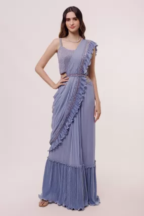 90Z868-RO Cool Blue Embroidered Pre Stiched Ruffle Saree Set