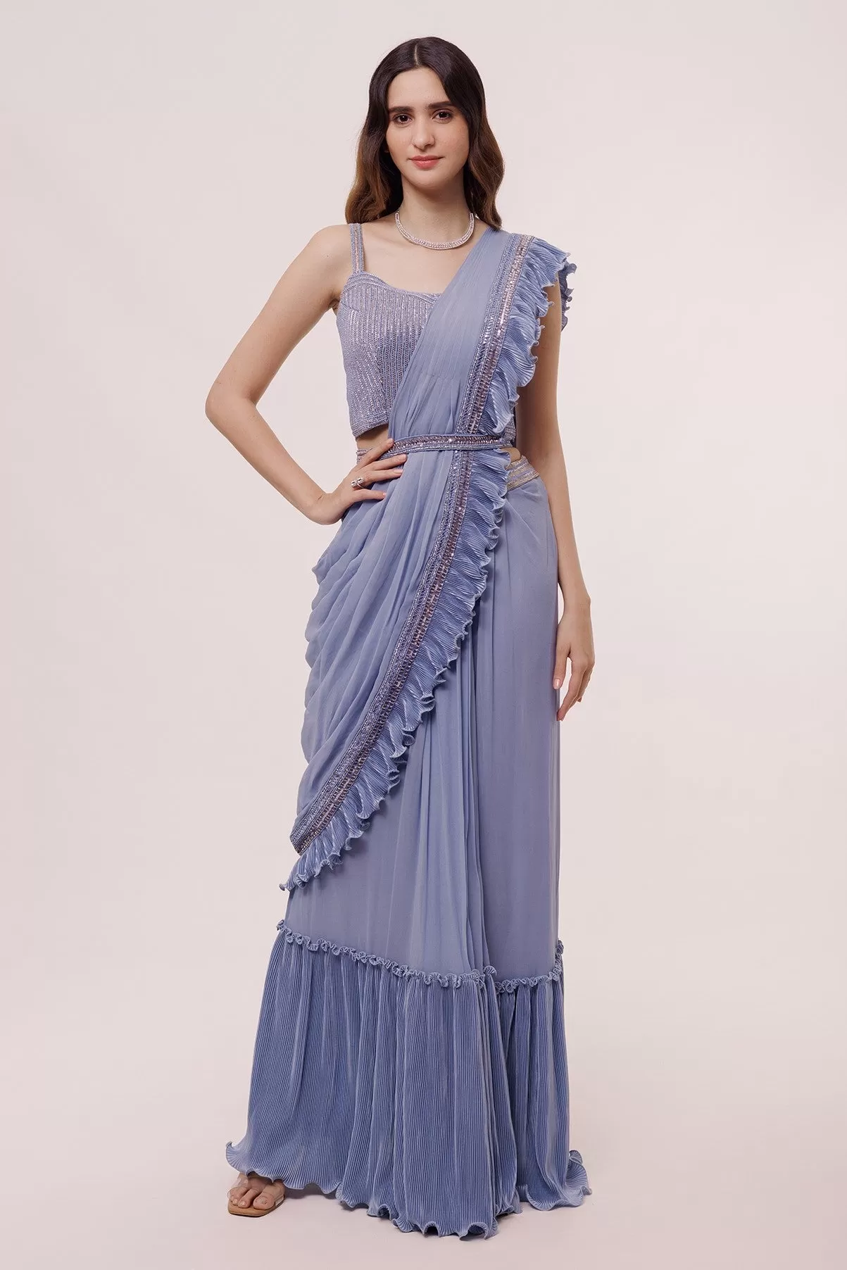 90Z868-RO Cool Blue Embroidered Pre Stiched Ruffle Saree Set