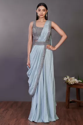 90Z931-RO Blue Pre Stiched Saree Set With Embroidered Blouse