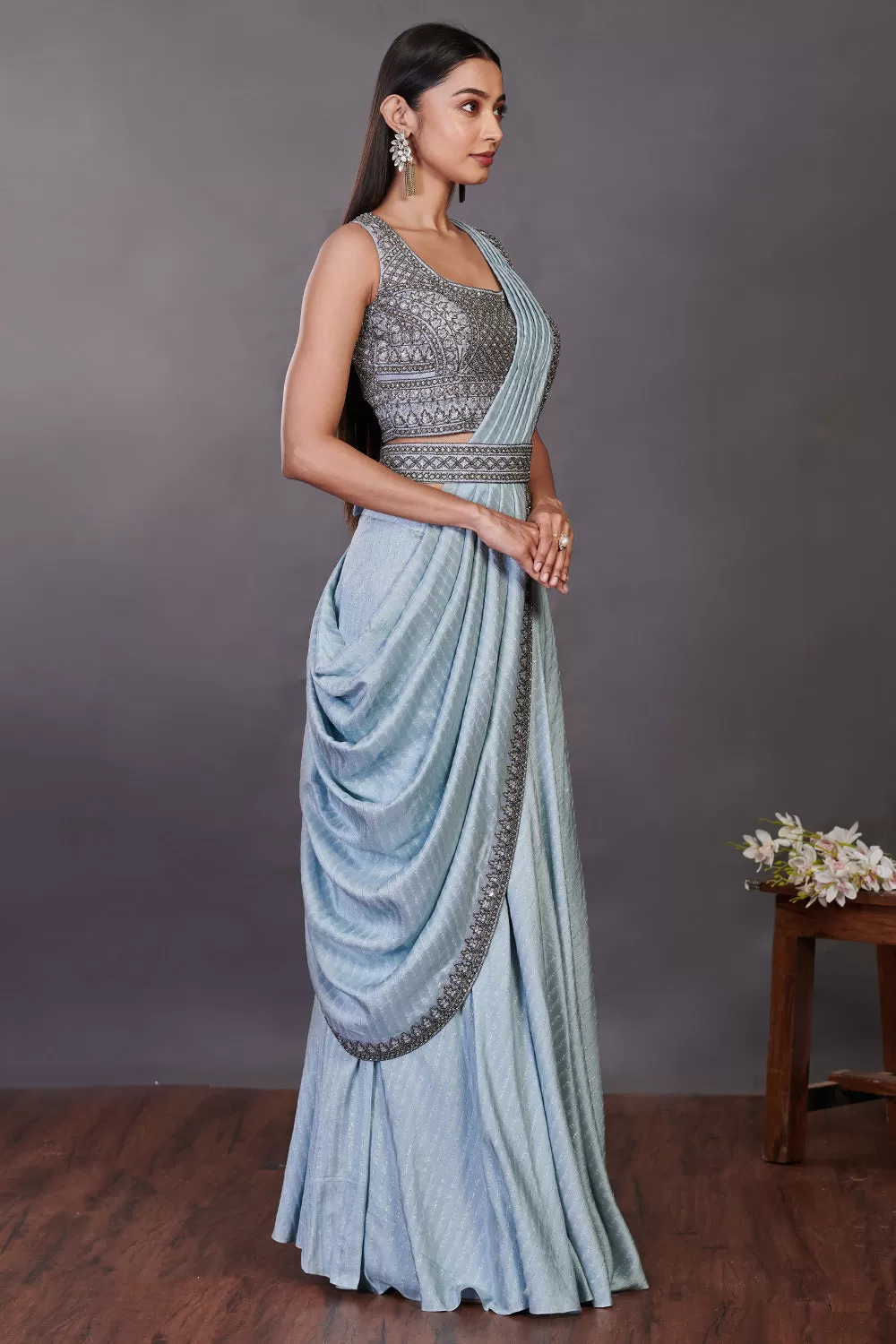 90Z931-RO Blue Pre Stiched Saree Set With Embroidered Blouse