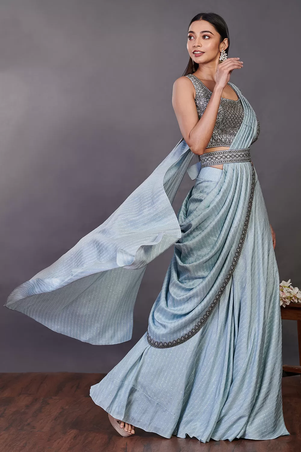 90Z931-RO Blue Pre Stiched Saree Set With Embroidered Blouse