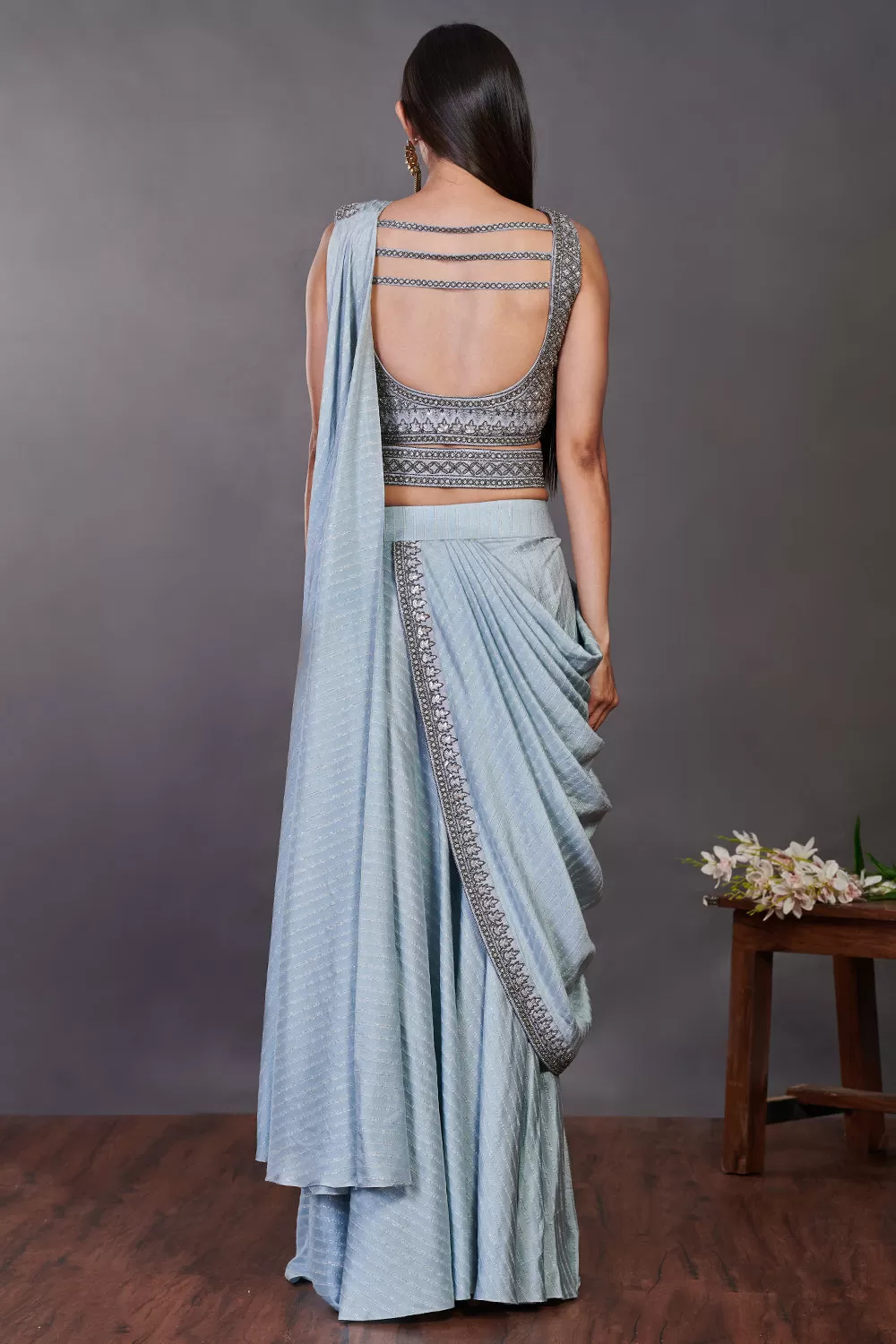 90Z931-RO Blue Pre Stiched Saree Set With Embroidered Blouse