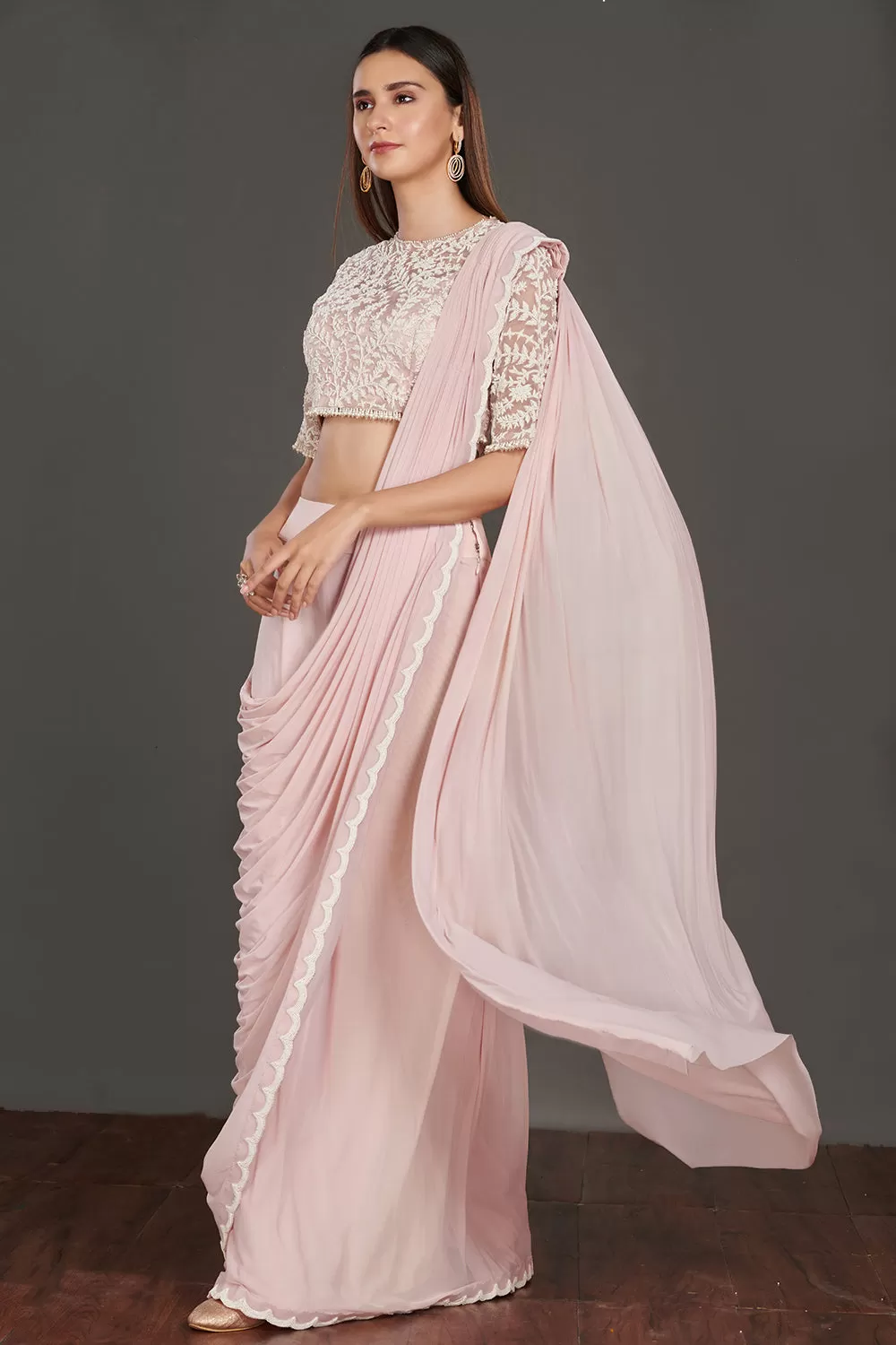 90Z961-RO Pink Pre Stiched Saree With Strappy Blouse