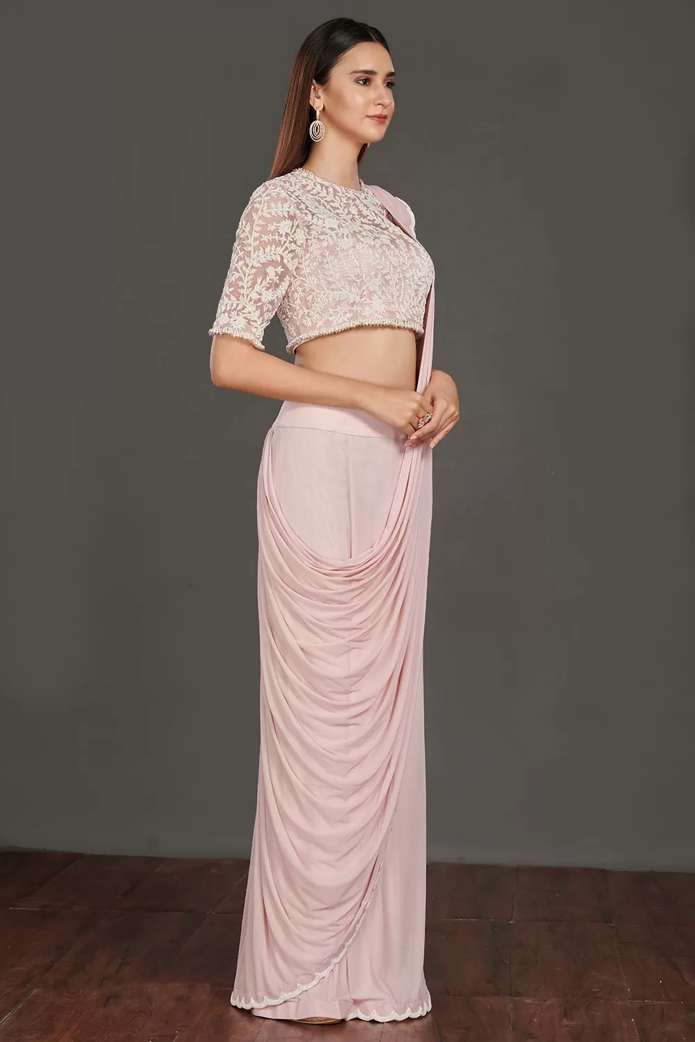 90Z961-RO Pink Pre Stiched Saree With Strappy Blouse