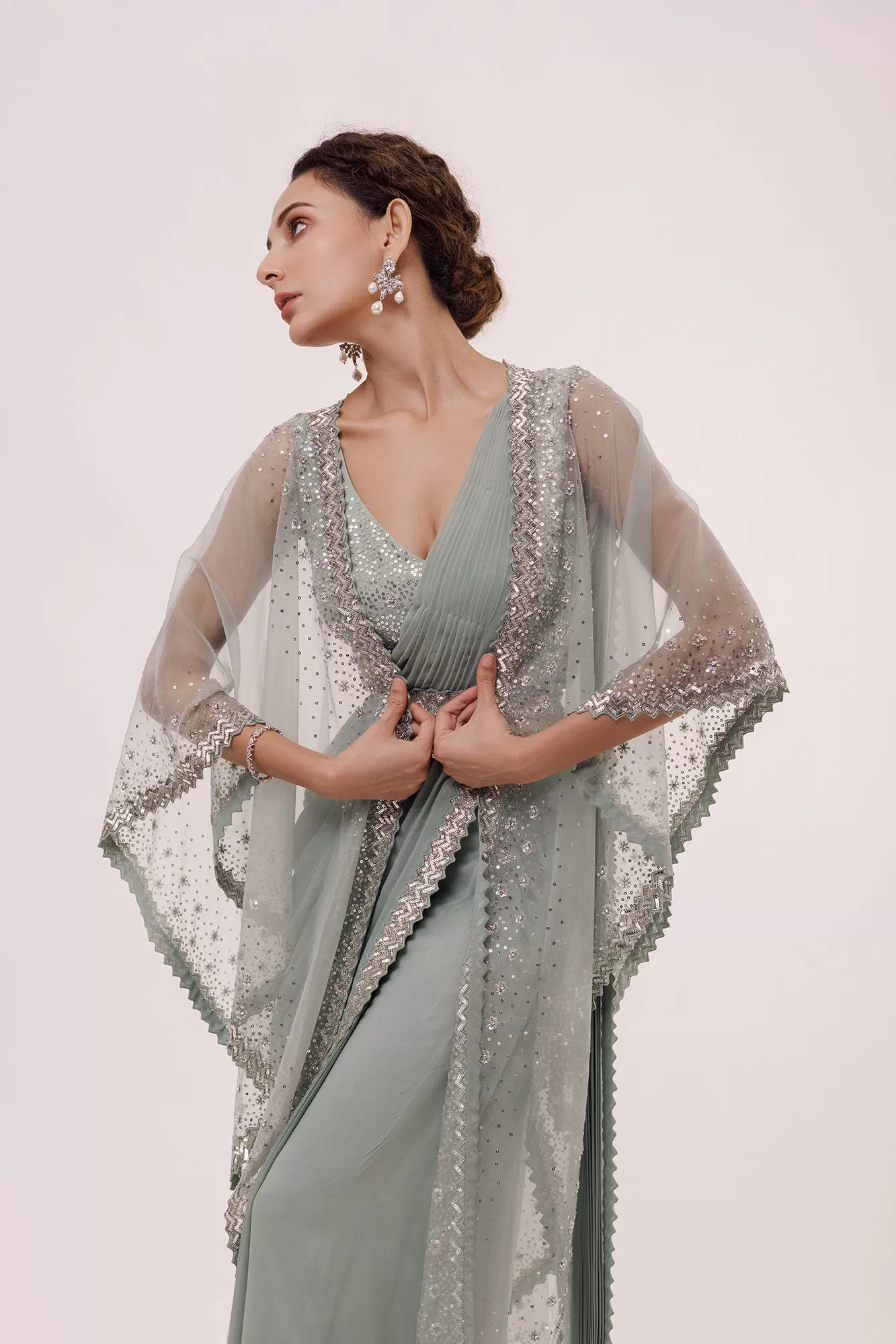 90Z967-RO Aqua Green Georgette Saree With Net Cape