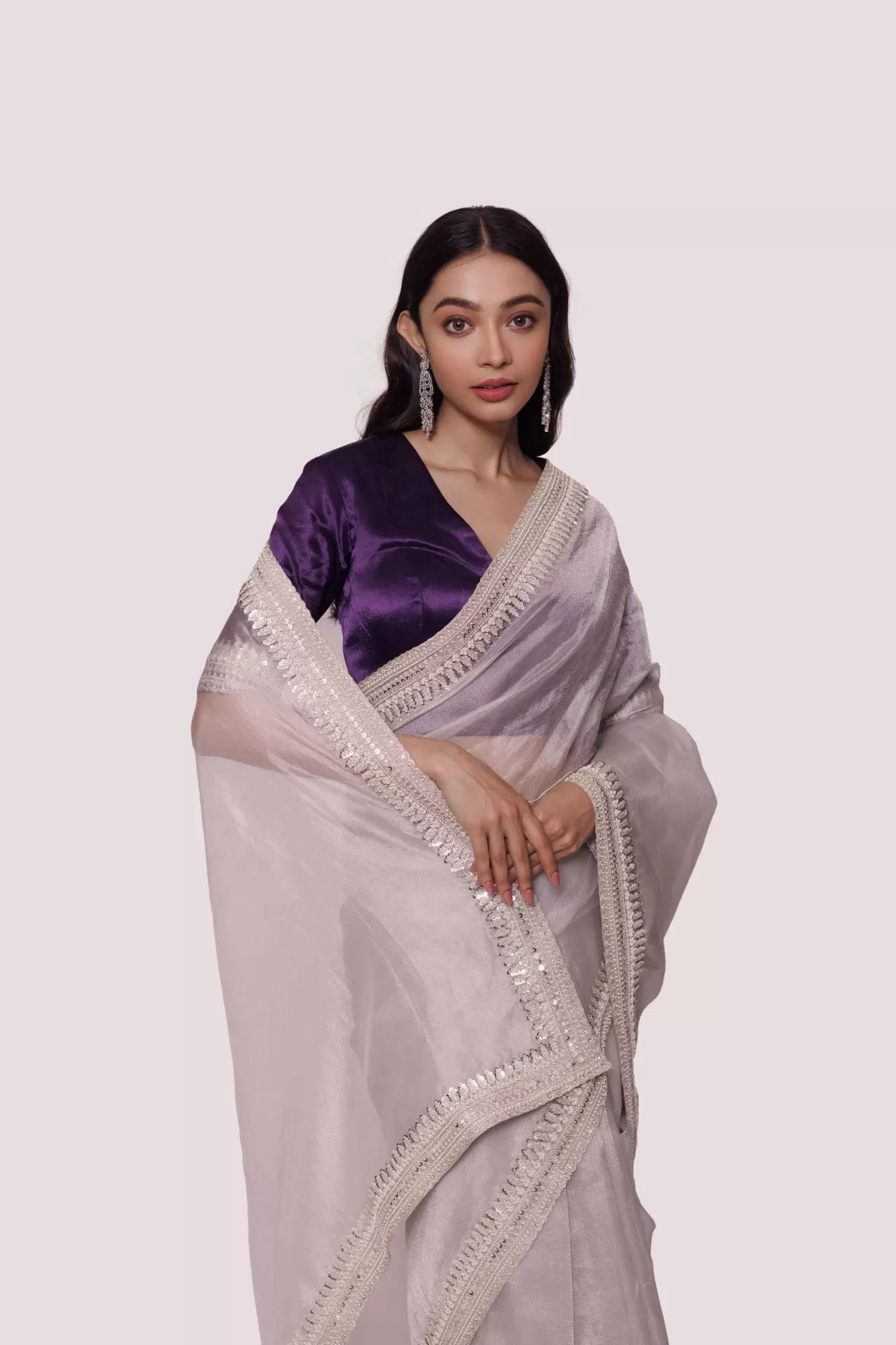 90Z973-RO Grey Silk Saree With Contrasting Purple Blouse