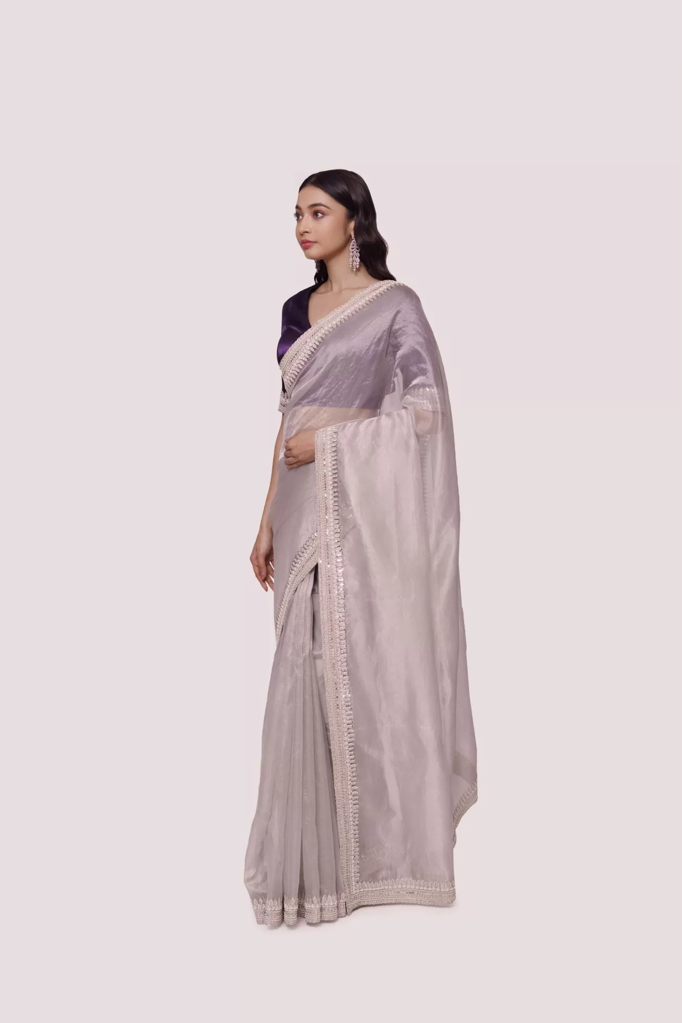 90Z973-RO Grey Silk Saree With Contrasting Purple Blouse