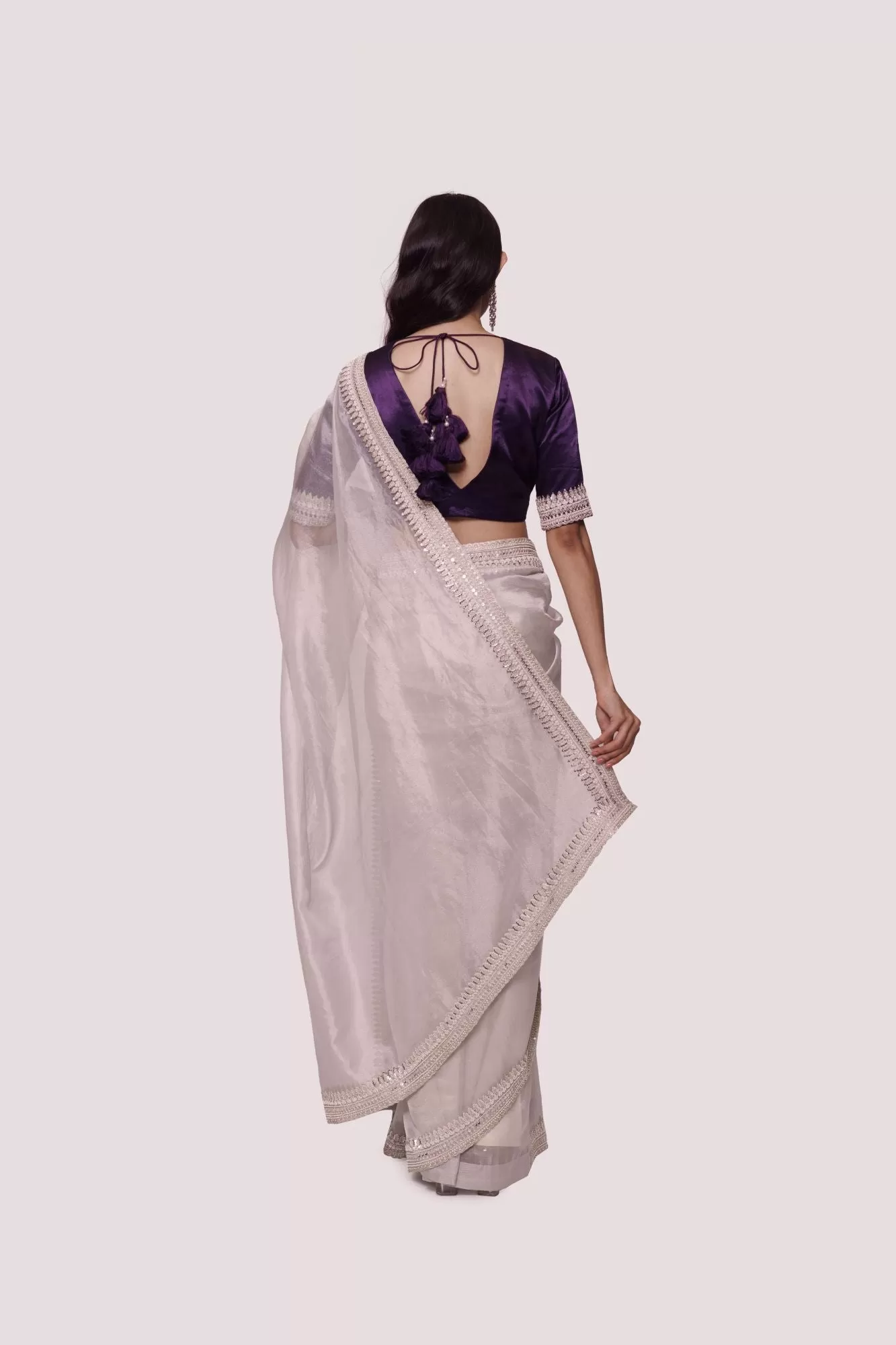 90Z973-RO Grey Silk Saree With Contrasting Purple Blouse