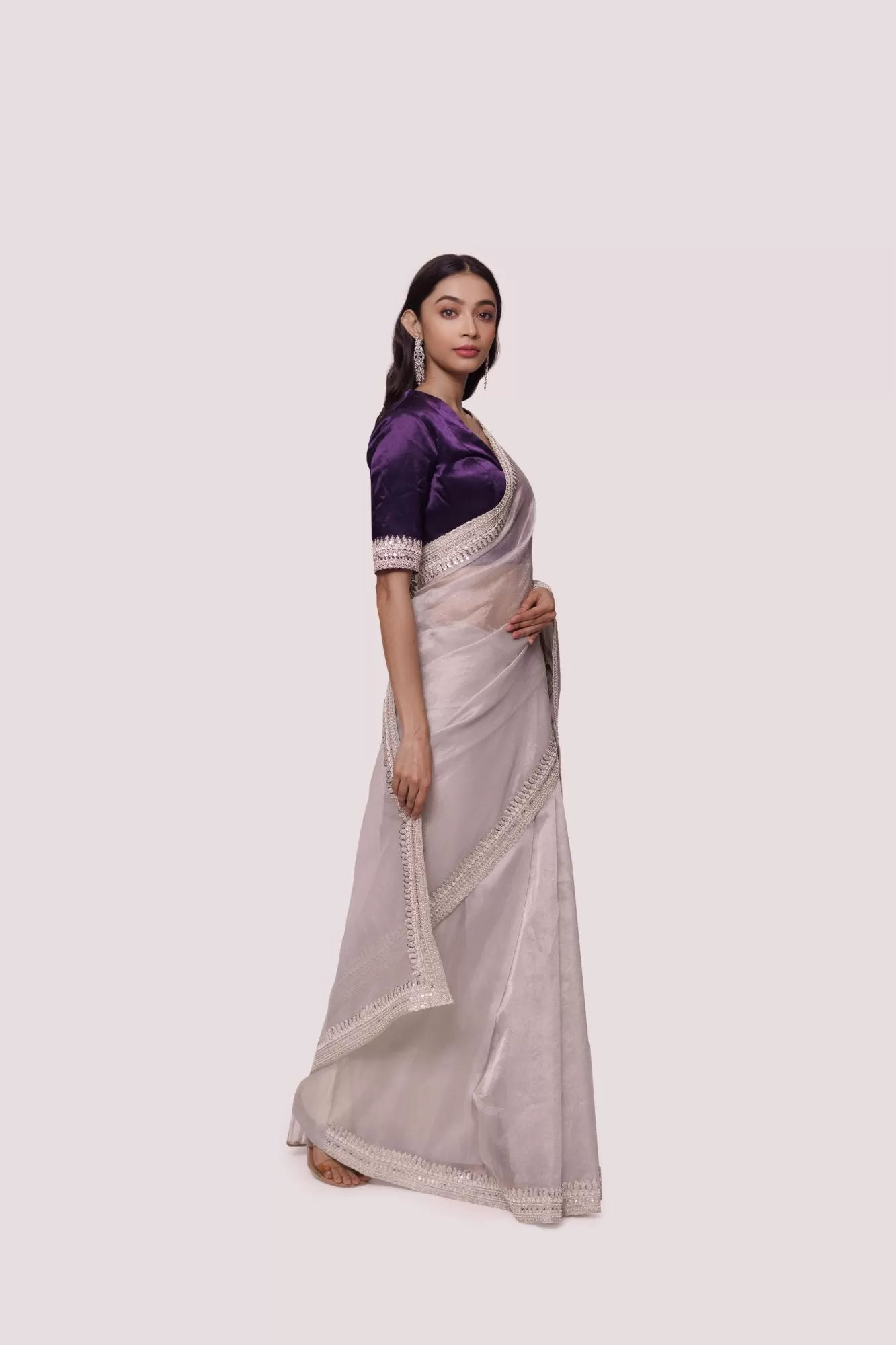 90Z973-RO Grey Silk Saree With Contrasting Purple Blouse