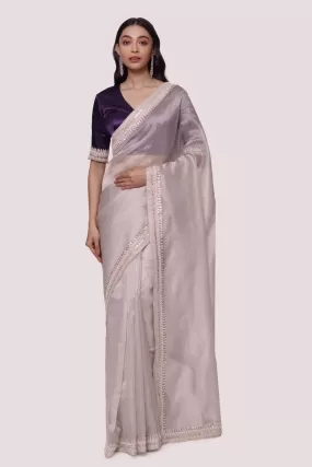 90Z973-RO Grey Silk Saree With Contrasting Purple Blouse