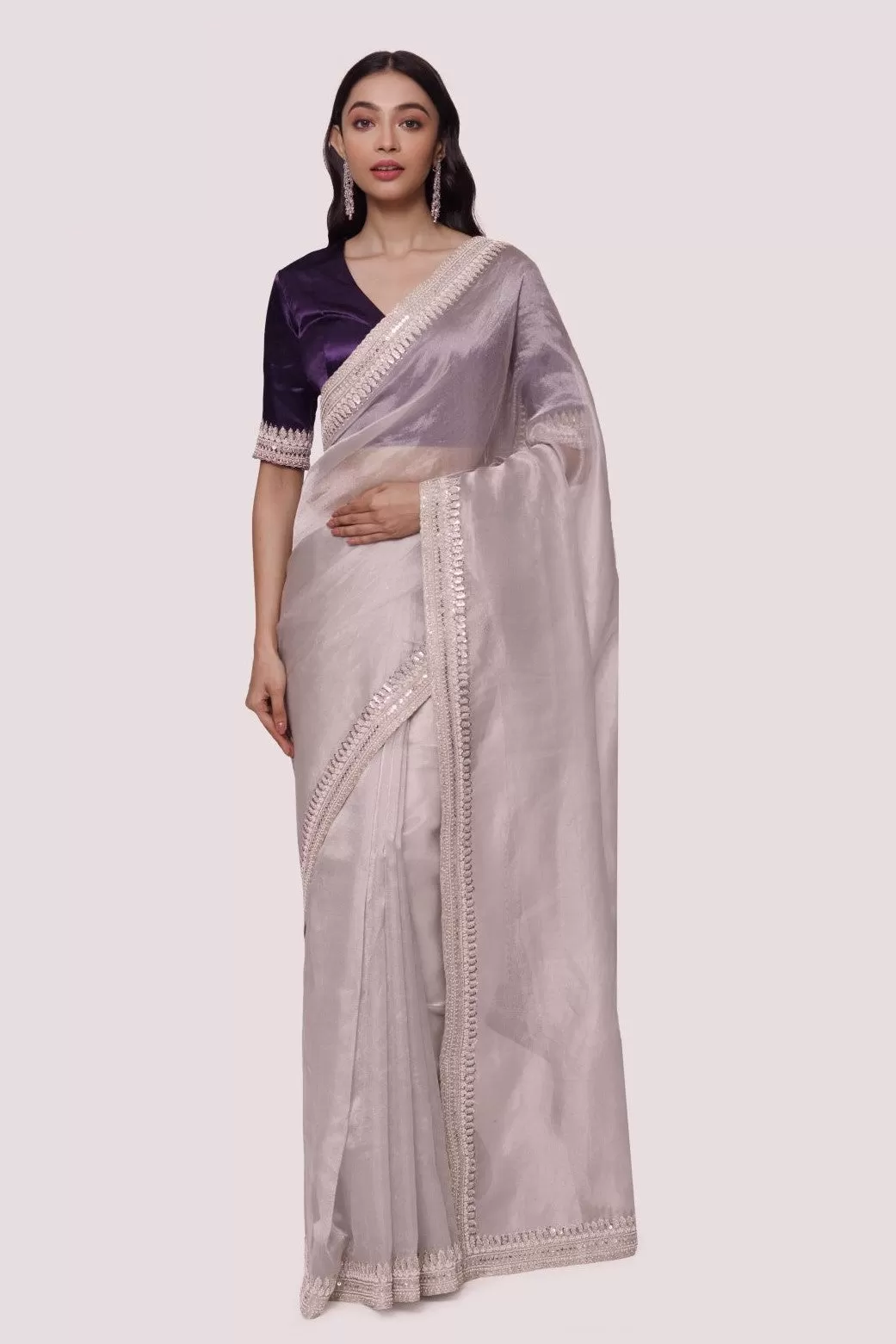 90Z973-RO Grey Silk Saree With Contrasting Purple Blouse