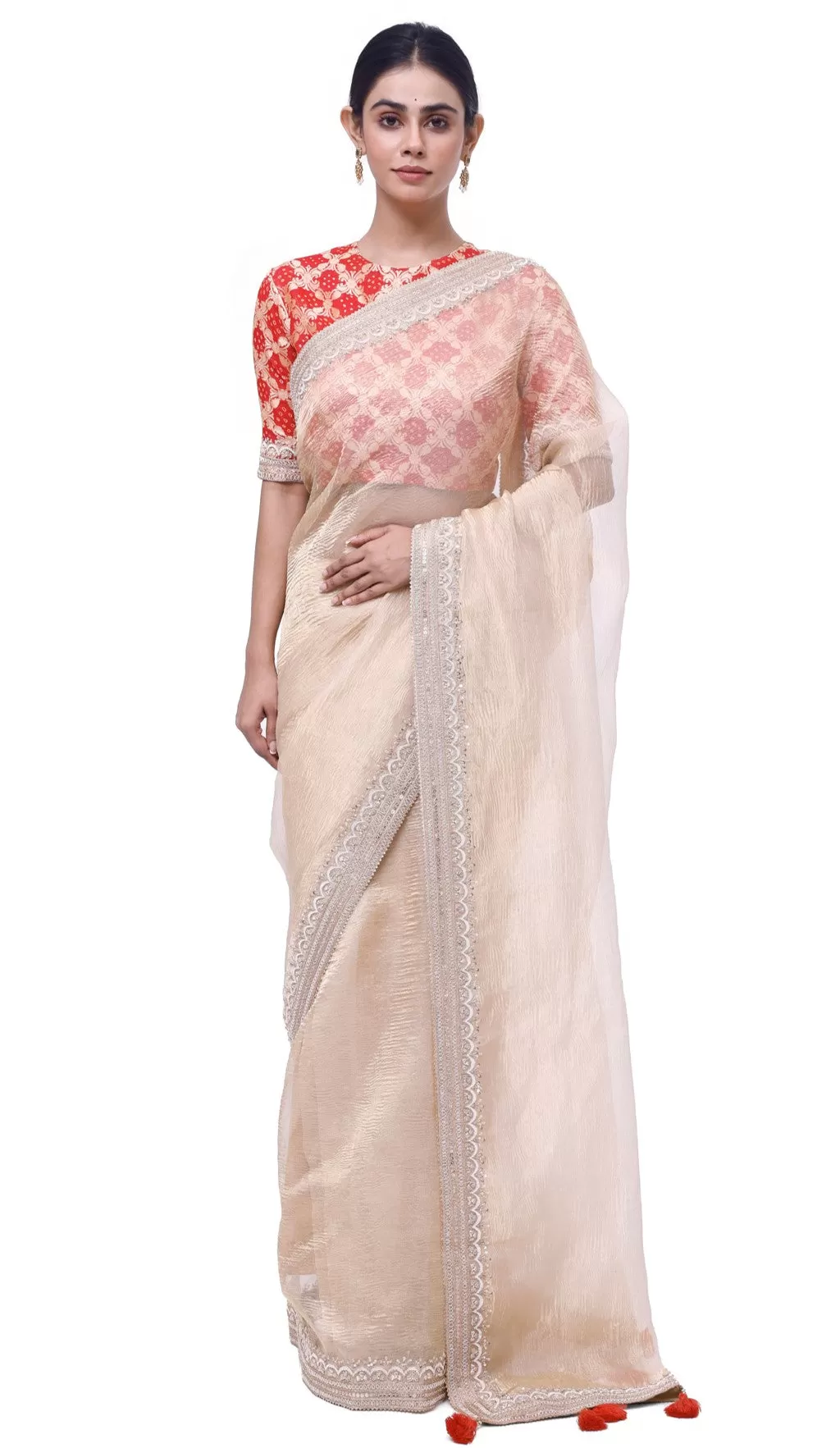 90Z980-RO Gold Embroidered Tissue Saree with Red Bandhej Blouse