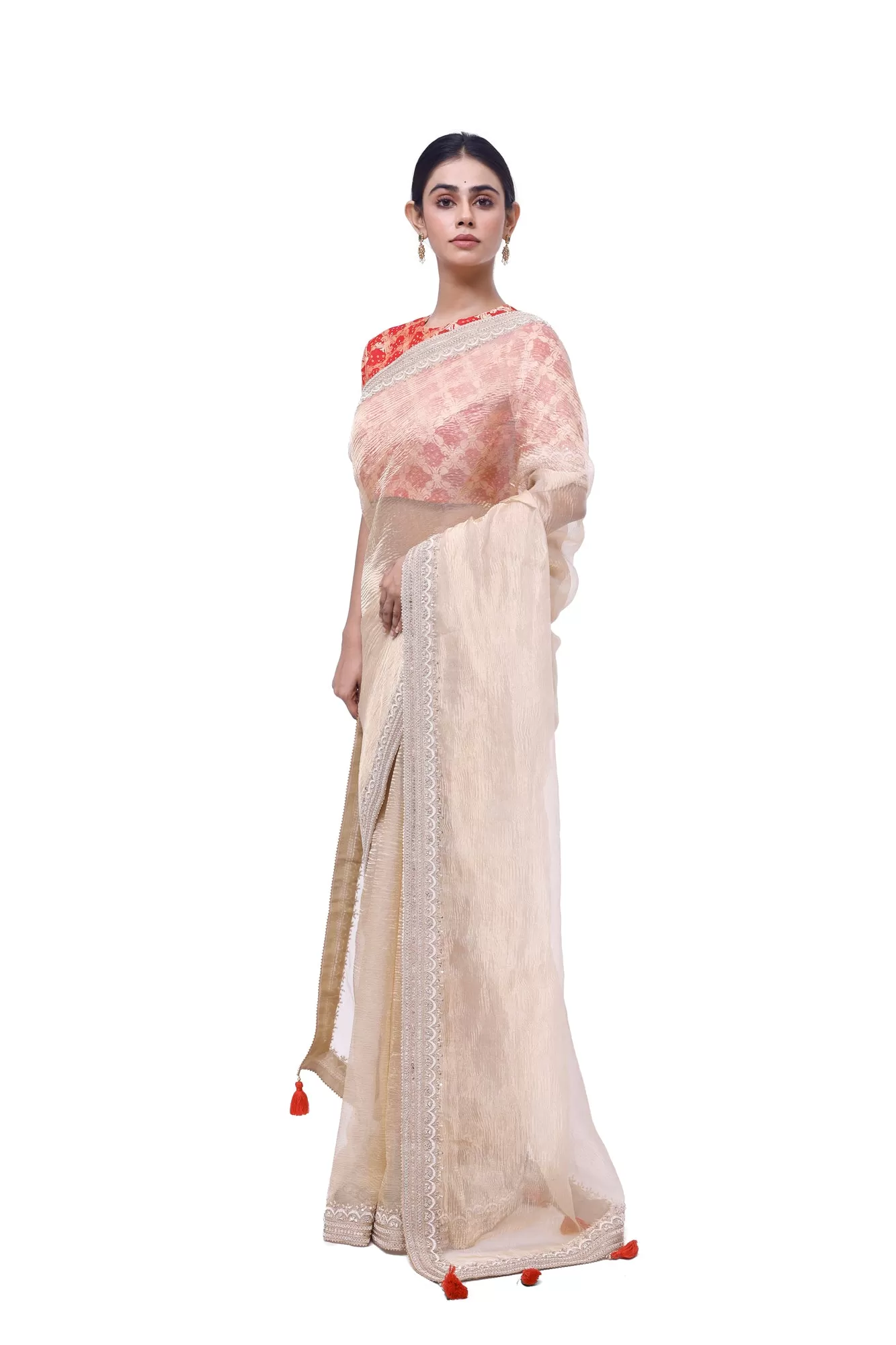 90Z980-RO Gold Embroidered Tissue Saree with Red Bandhej Blouse