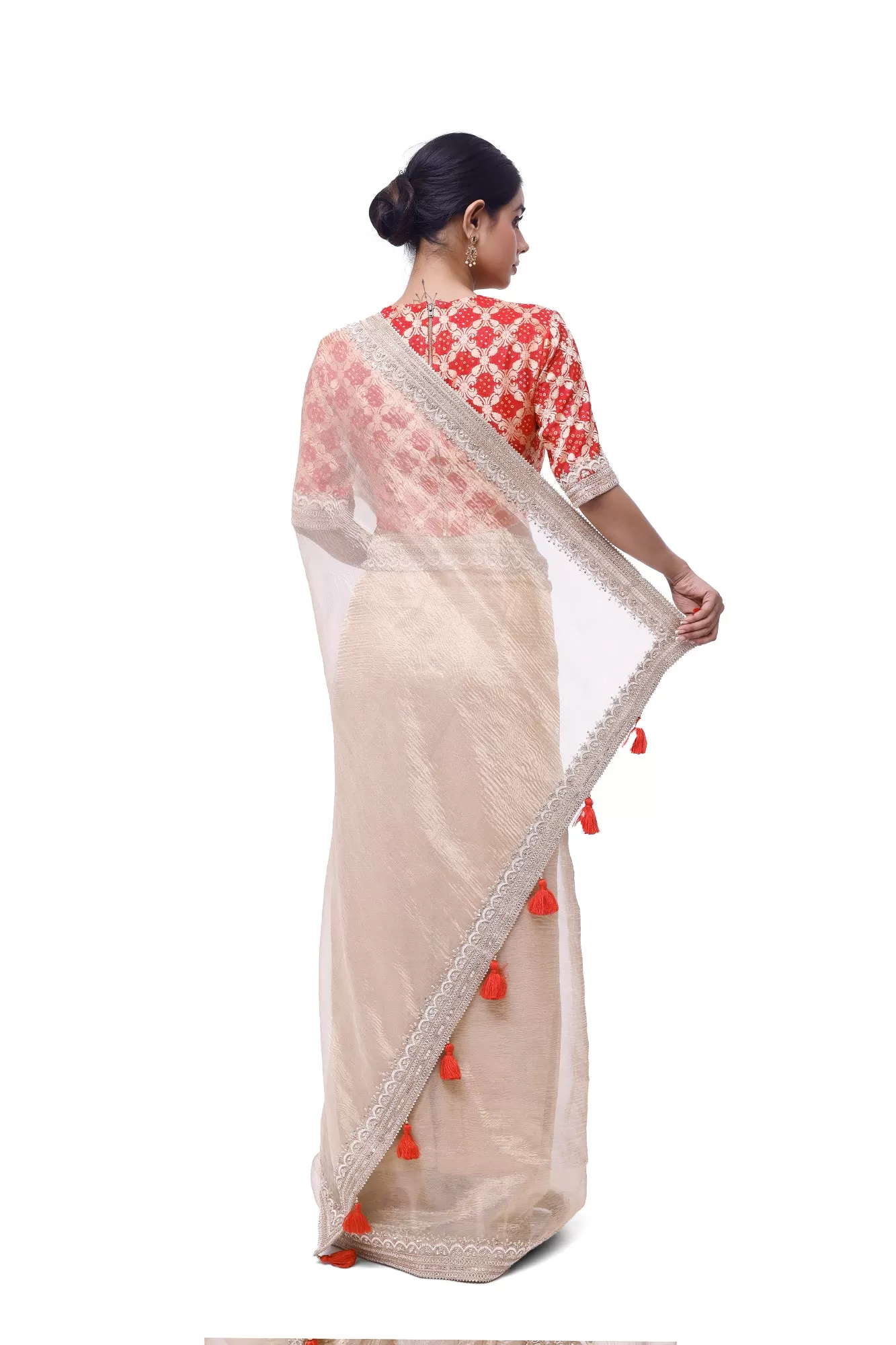 90Z980-RO Gold Embroidered Tissue Saree with Red Bandhej Blouse