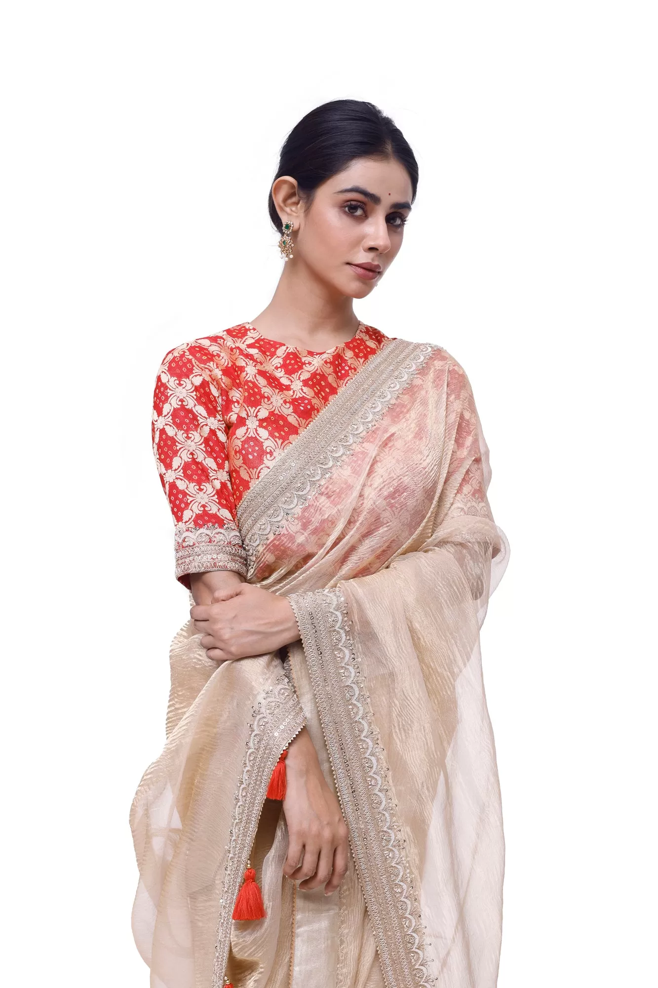 90Z980-RO Gold Embroidered Tissue Saree with Red Bandhej Blouse