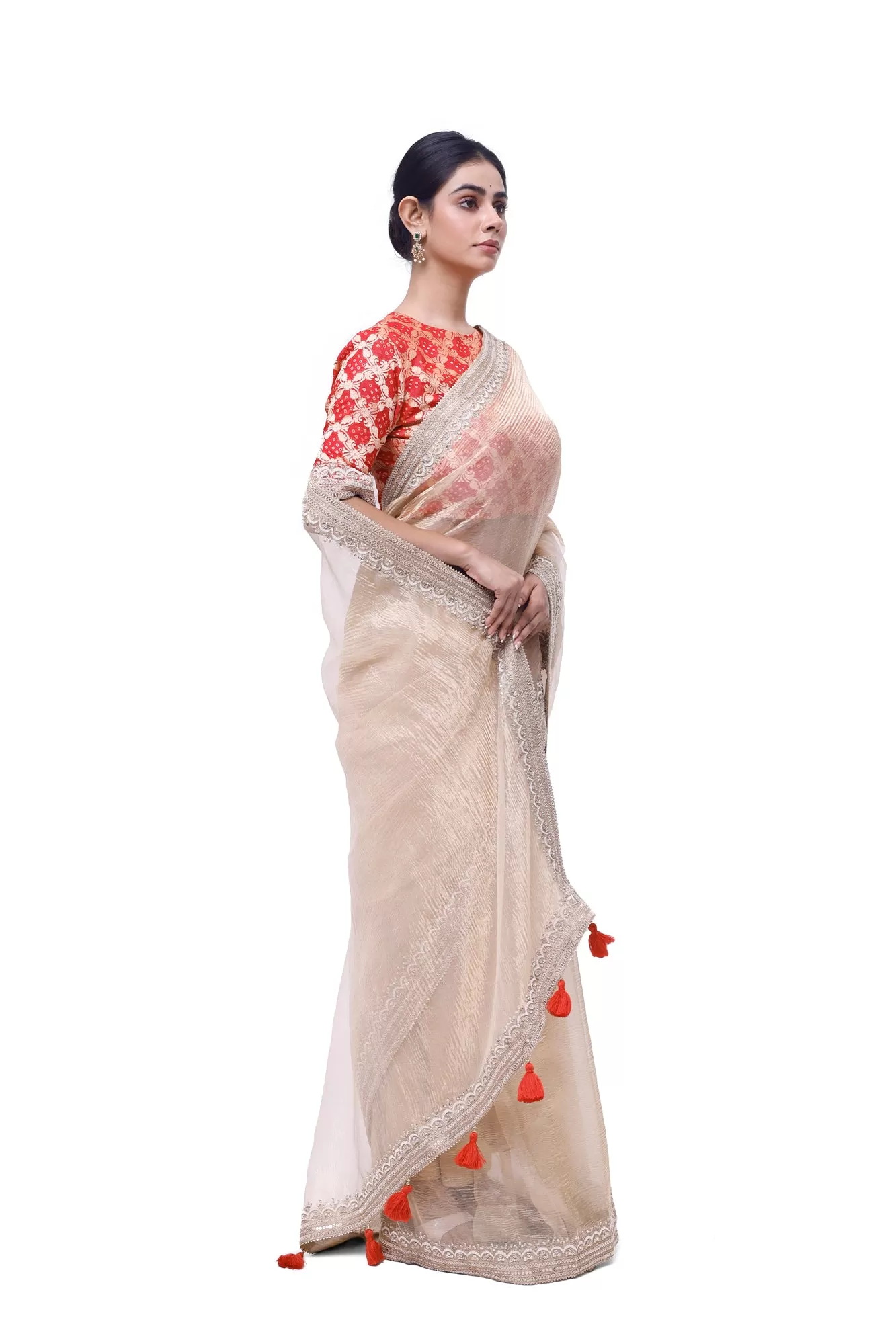 90Z980-RO Gold Embroidered Tissue Saree with Red Bandhej Blouse