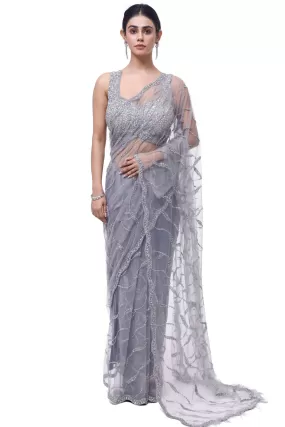 90Z987-RO Light Grey Embroidered Net Saree with Blouse