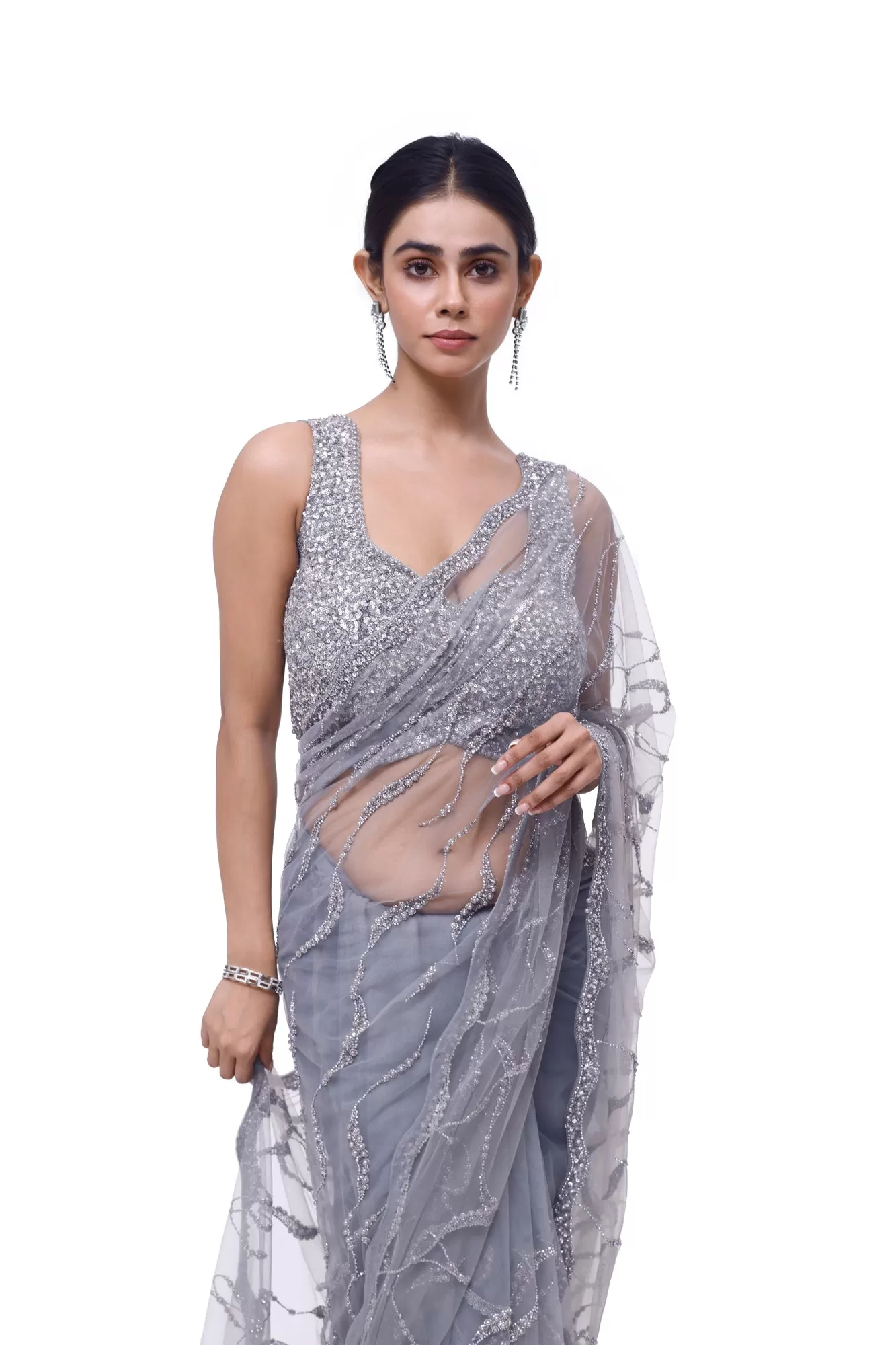 90Z987-RO Light Grey Embroidered Net Saree with Blouse