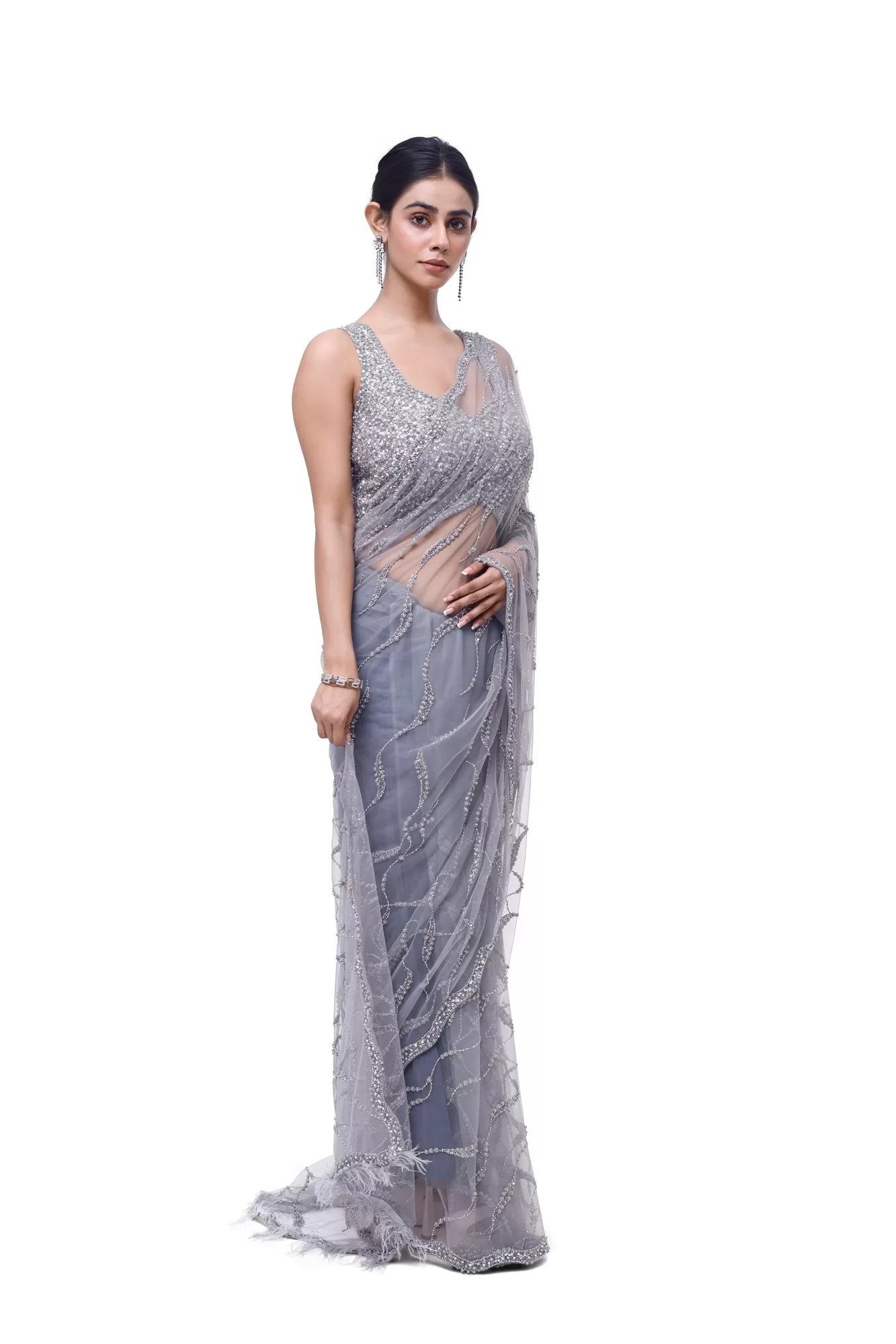 90Z987-RO Light Grey Embroidered Net Saree with Blouse