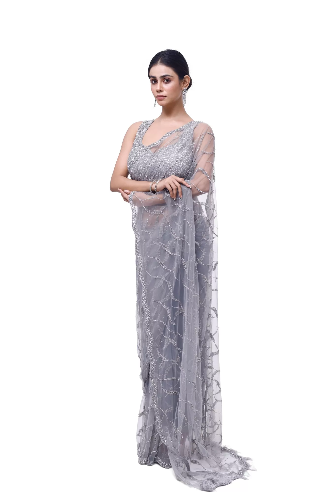 90Z987-RO Light Grey Embroidered Net Saree with Blouse