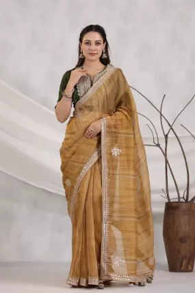 91Z247-RO Mustard Striped Organza Saree with Green Saree Blouse