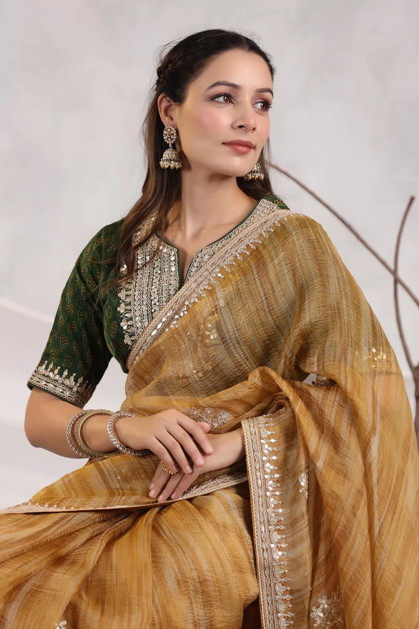 91Z247-RO Mustard Striped Organza Saree with Green Saree Blouse