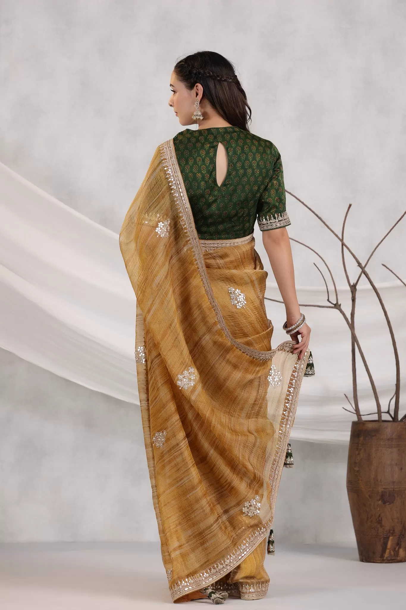 91Z247-RO Mustard Striped Organza Saree with Green Saree Blouse