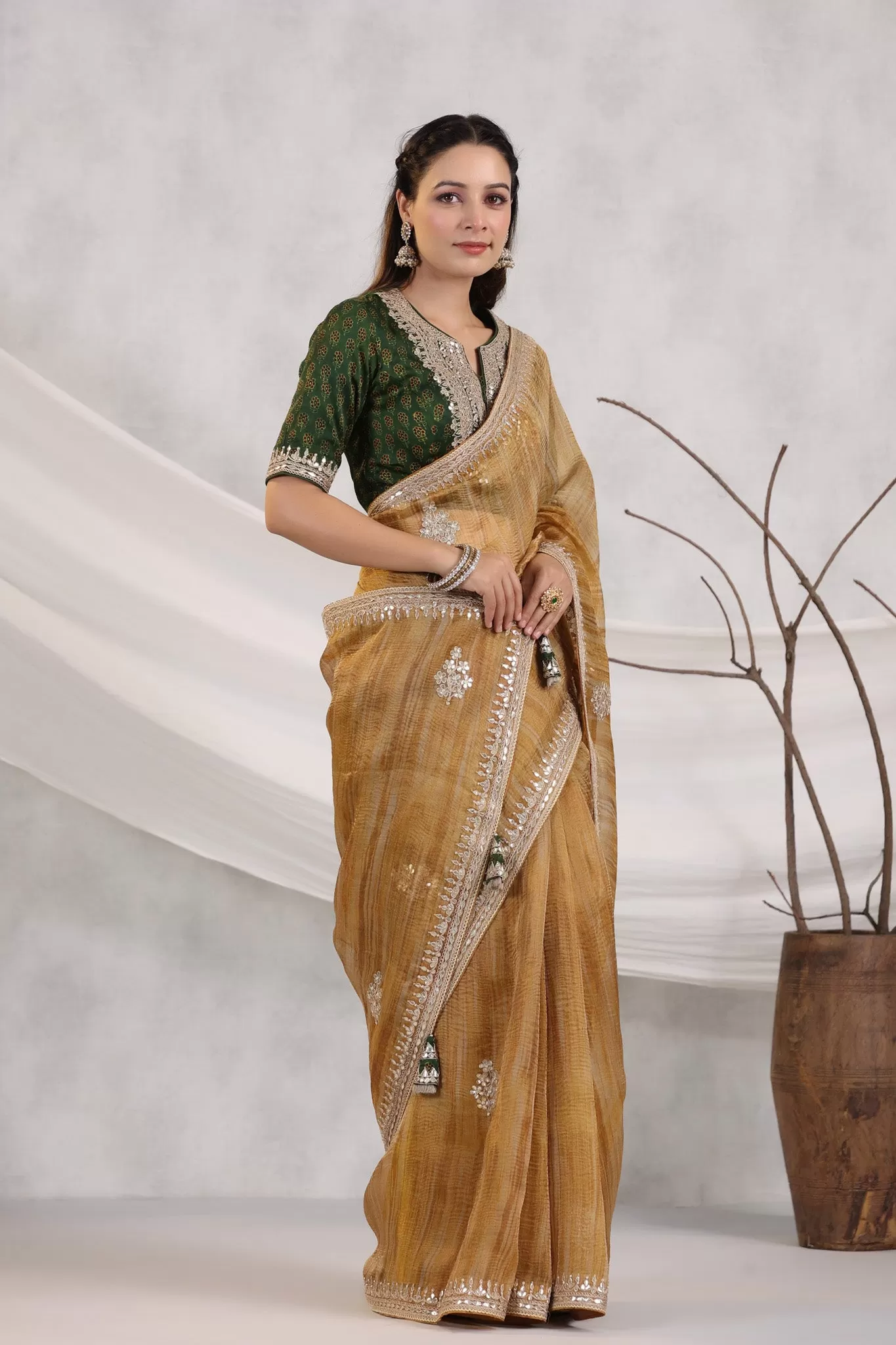 91Z247-RO Mustard Striped Organza Saree with Green Saree Blouse