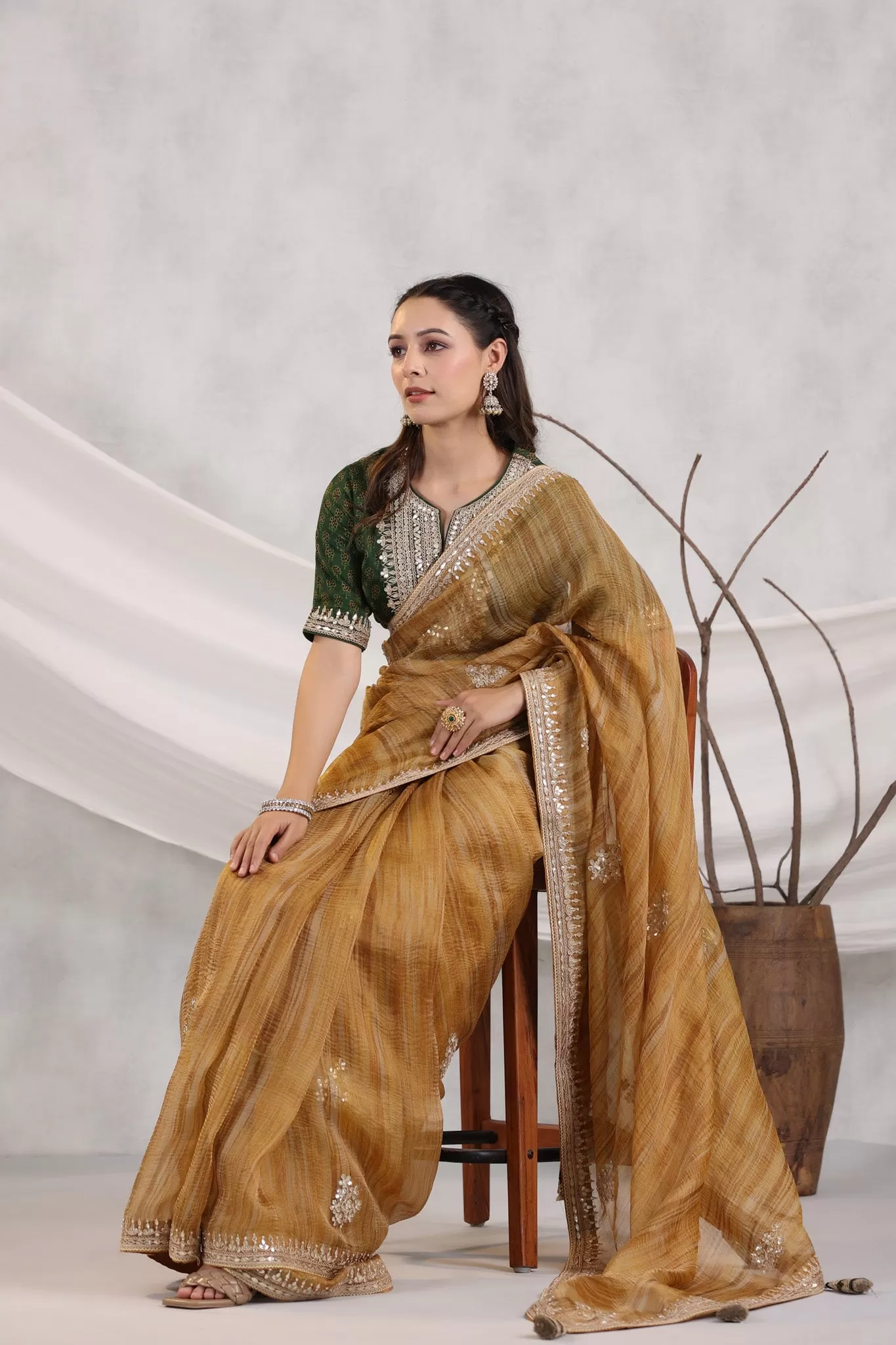 91Z247-RO Mustard Striped Organza Saree with Green Saree Blouse