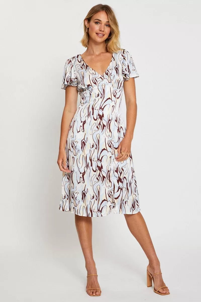 Abstract Print Midi Dress Short Sleeve