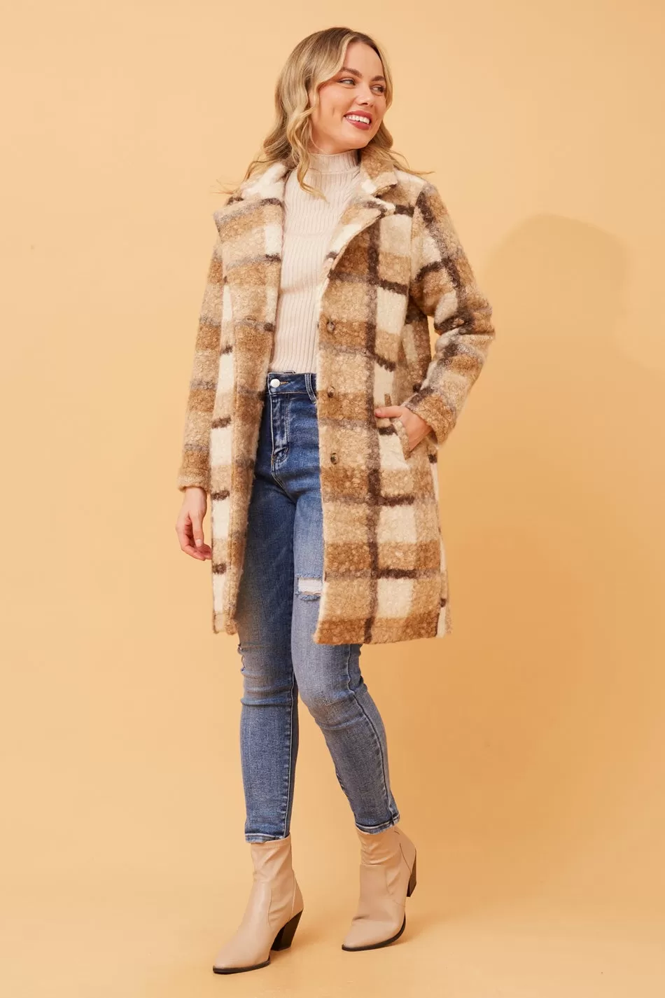 ALASKA CHECK TEDDY FUR COAT