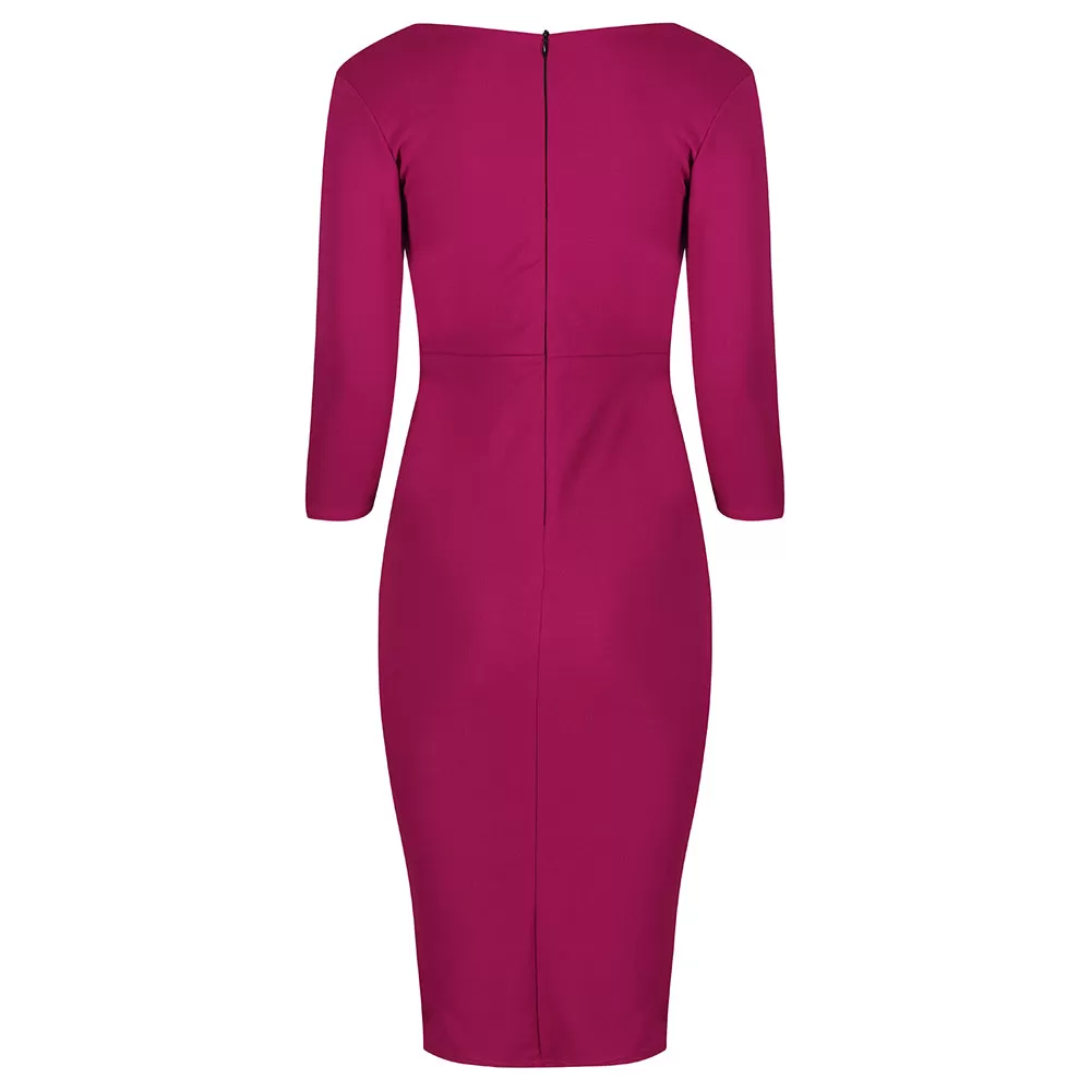 Amaranth 3/4 Sleeve Empire Waist Waterfall Ruffle Wiggle Pencil Dress